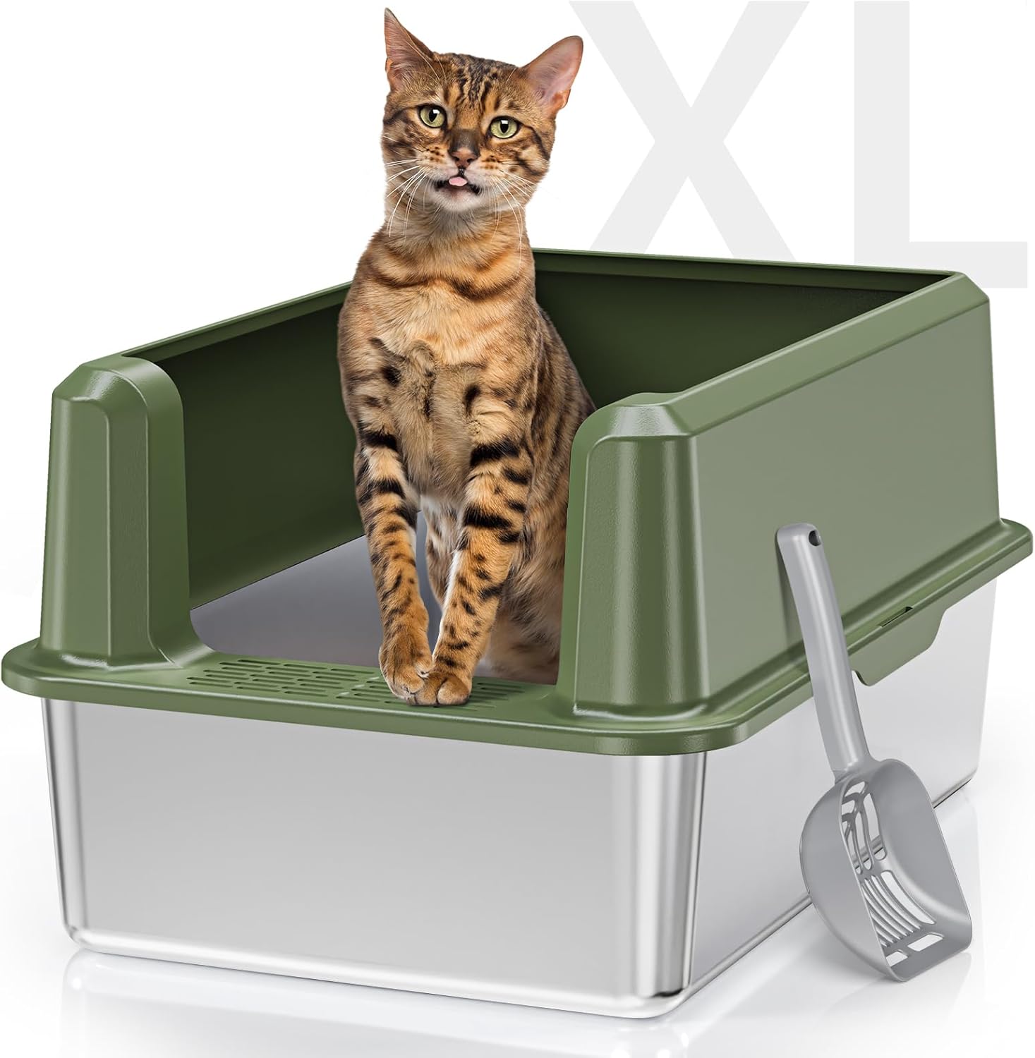 Premium XL Stainless Steel Cat Litter Box with High Sides | Easy-to-Clean Enclosure for Large Cats | Includes Scoop