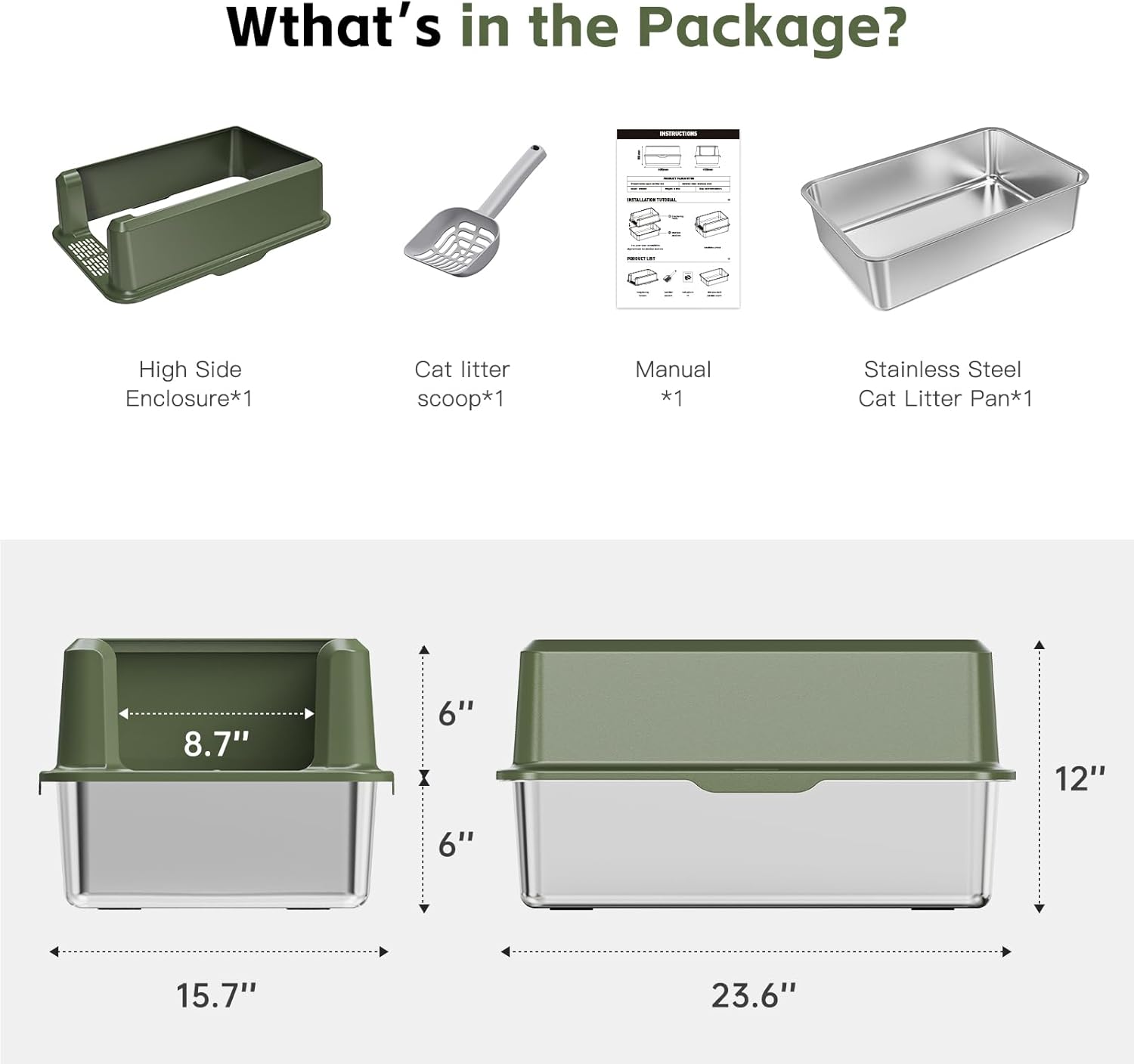 Premium XL Stainless Steel Cat Litter Box with High Sides | Easy-to-Clean Enclosure for Large Cats | Includes Scoop