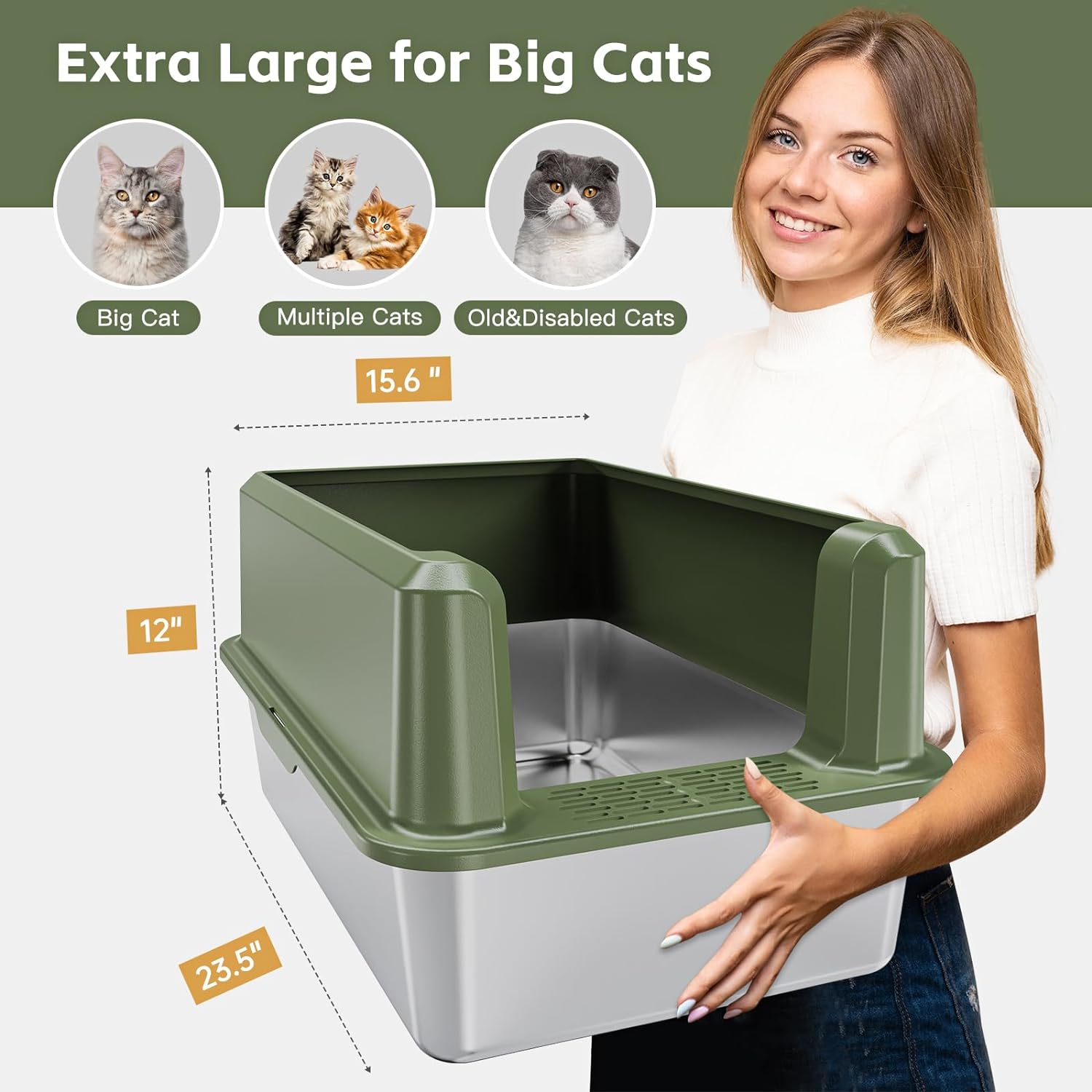 Premium XL Stainless Steel Cat Litter Box with High Sides | Easy-to-Clean Enclosure for Large Cats | Includes Scoop