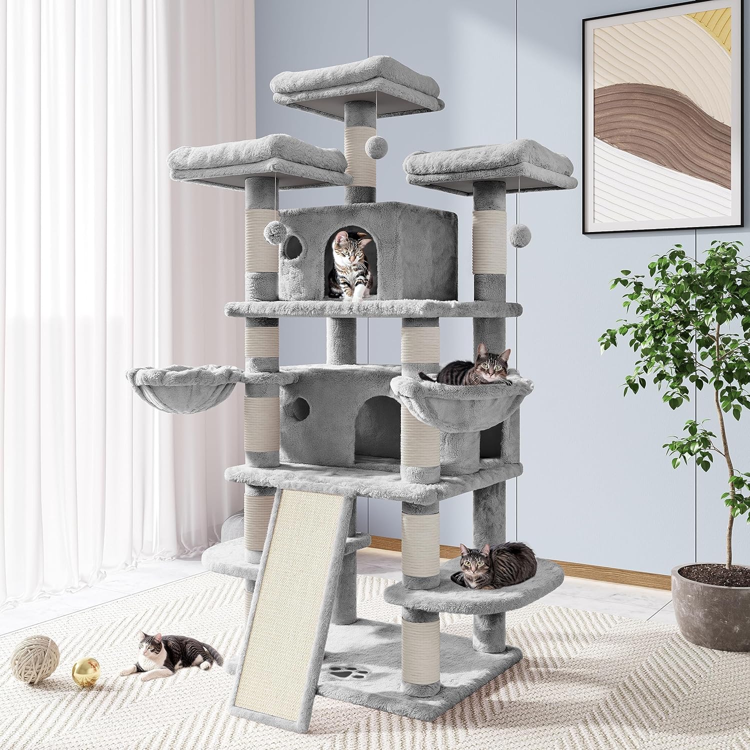 Allewie Multi-Level Cat Tree House with Condo, Scratching Posts, and Towers for Large Cats - 68 Inch, Light Gray