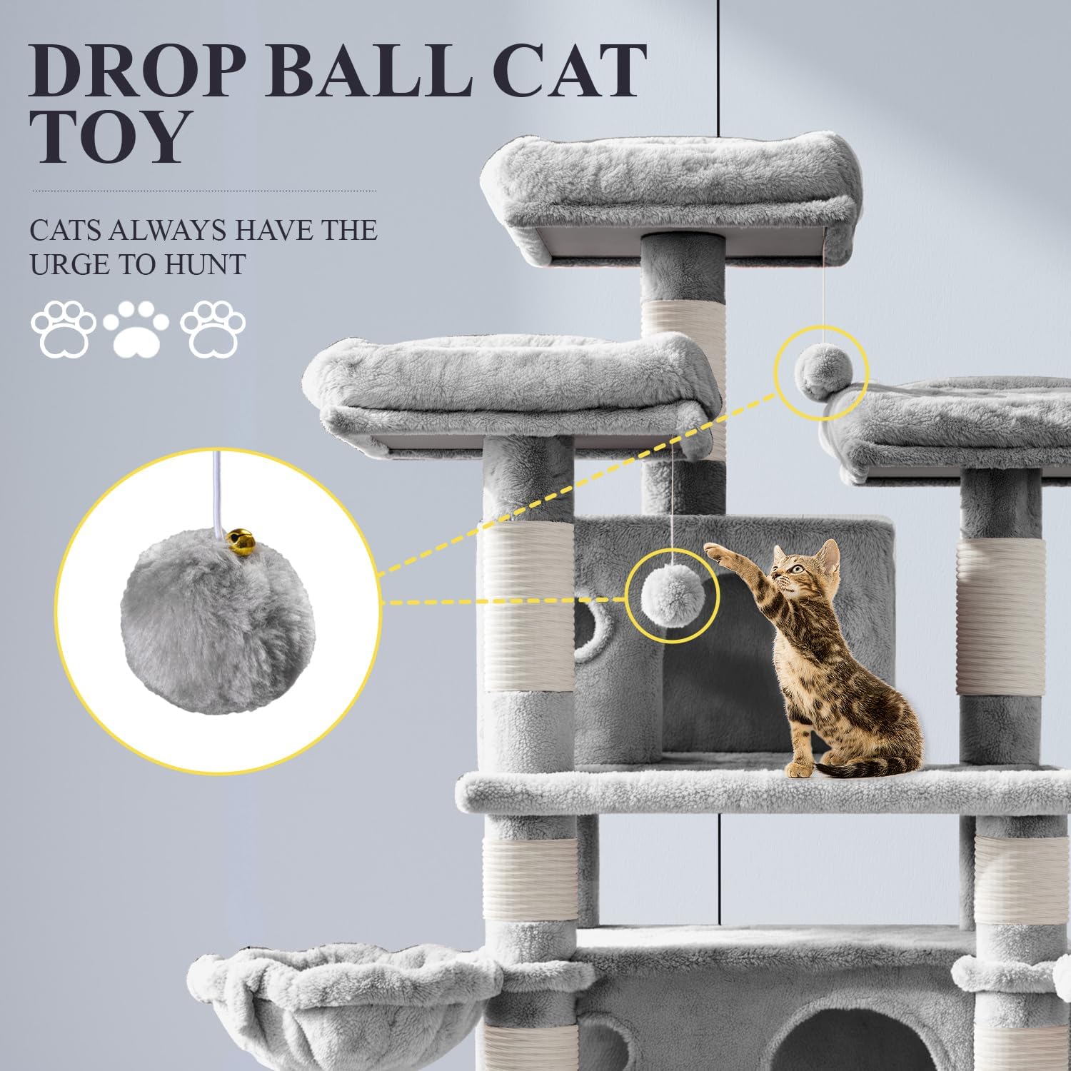 Allewie Multi-Level Cat Tree House with Condo, Scratching Posts, and Towers for Large Cats - 68 Inch, Light Gray