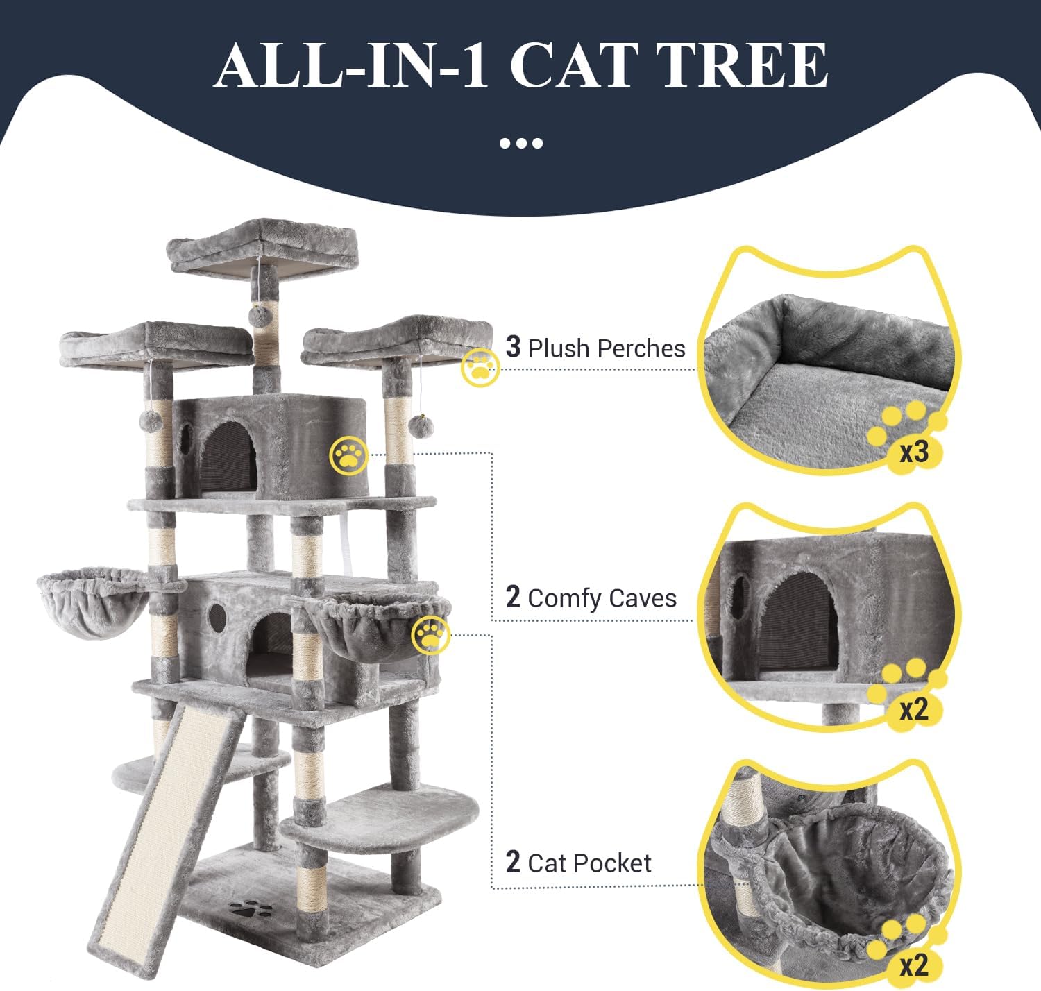 Allewie Multi-Level Cat Tree House with Condo, Scratching Posts, and Towers for Large Cats - 68 Inch, Light Gray