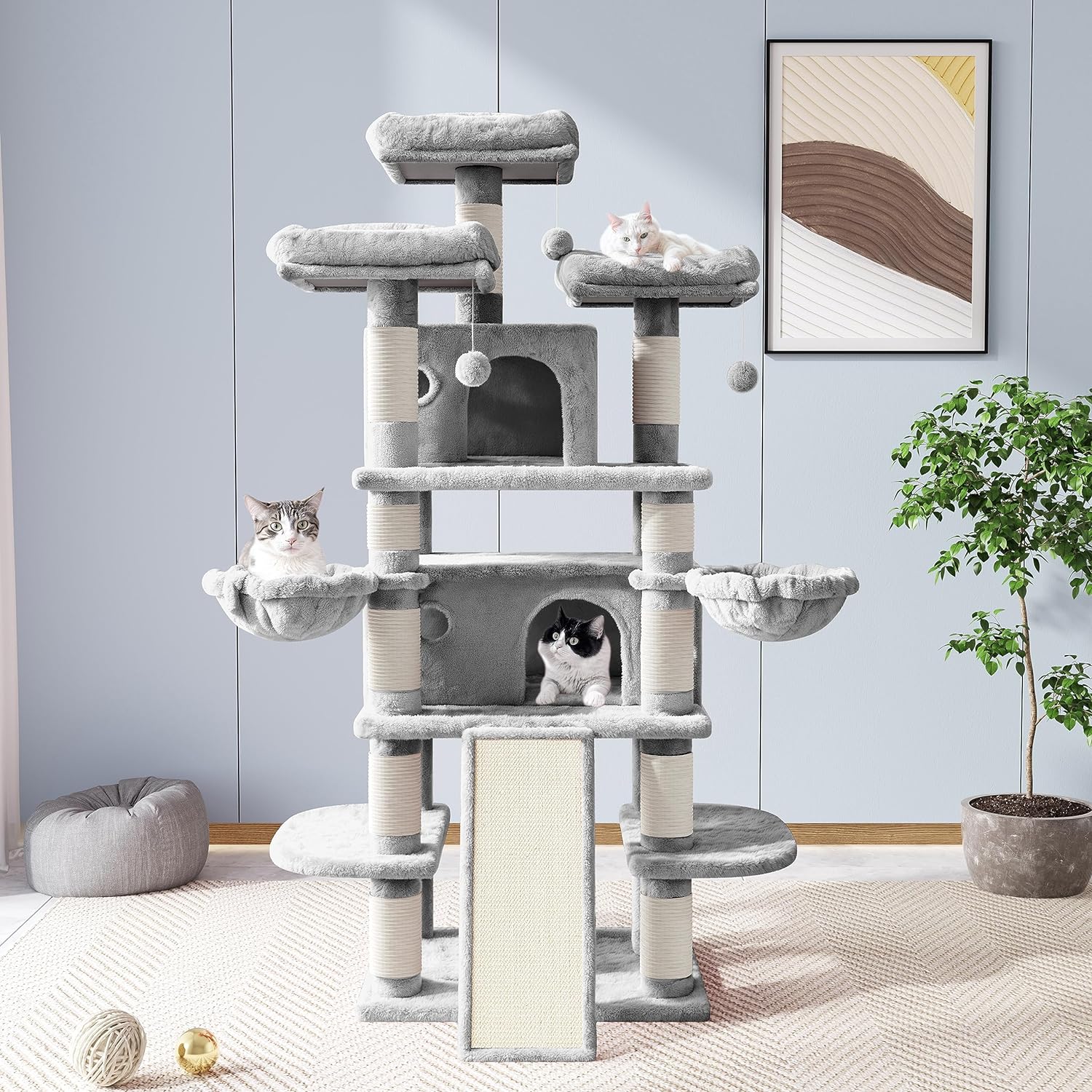 Allewie Multi-Level Cat Tree House with Condo, Scratching Posts, and Towers for Large Cats - 68 Inch, Light Gray