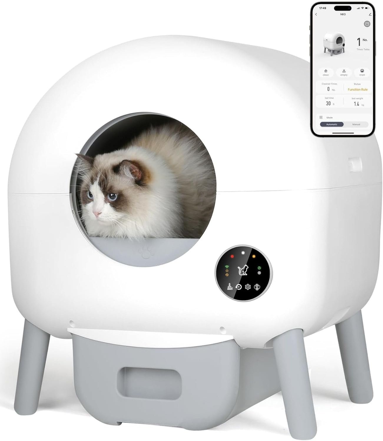 Automatic Self-Cleaning Cat Litter Box – 100L Capacity, Includes Garbage Bags & Mat, App-Controlled, Suitable for All Cats, White