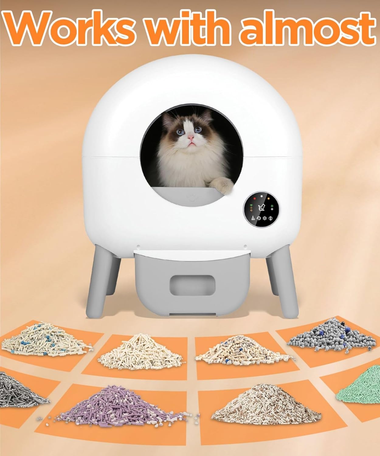 Automatic Self-Cleaning Cat Litter Box – 100L Capacity, Includes Garbage Bags & Mat, App-Controlled, Suitable for All Cats, White