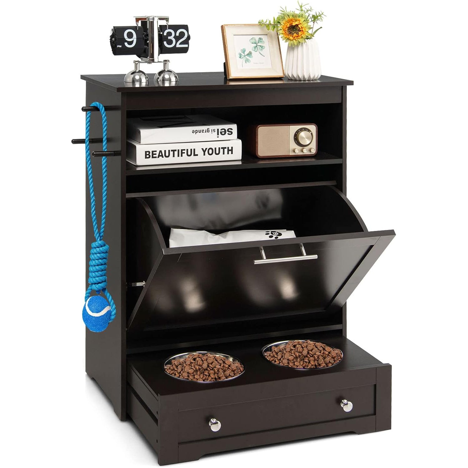 Tangkula Pet Feeding Station: Dog Food Storage Cabinet with Pull-Out Bowls, Organizer for Pet Toys, and Feeding Supplies