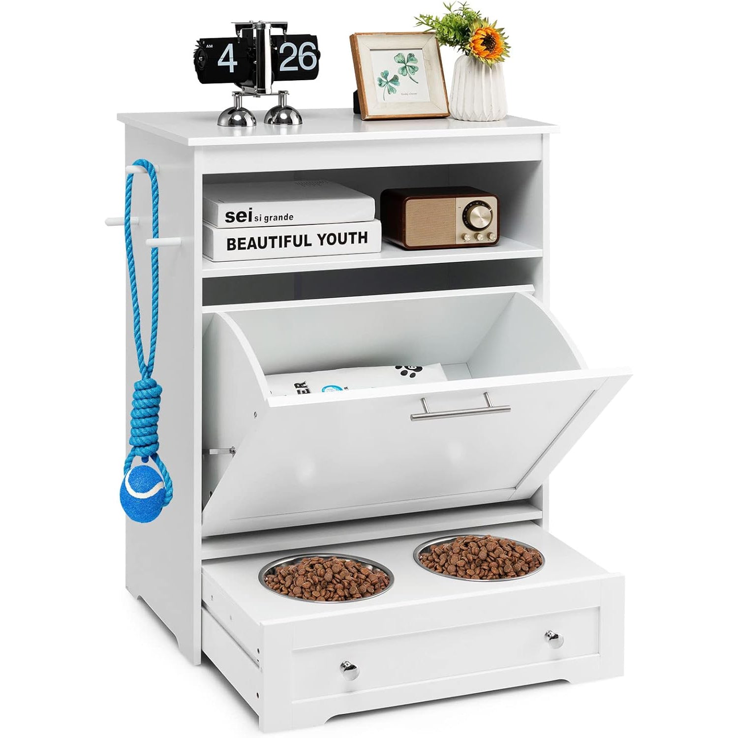 Tangkula Pet Feeding Station: Dog Food Storage Cabinet with Pull-Out Bowls, Organizer for Pet Toys, and Feeding Supplies