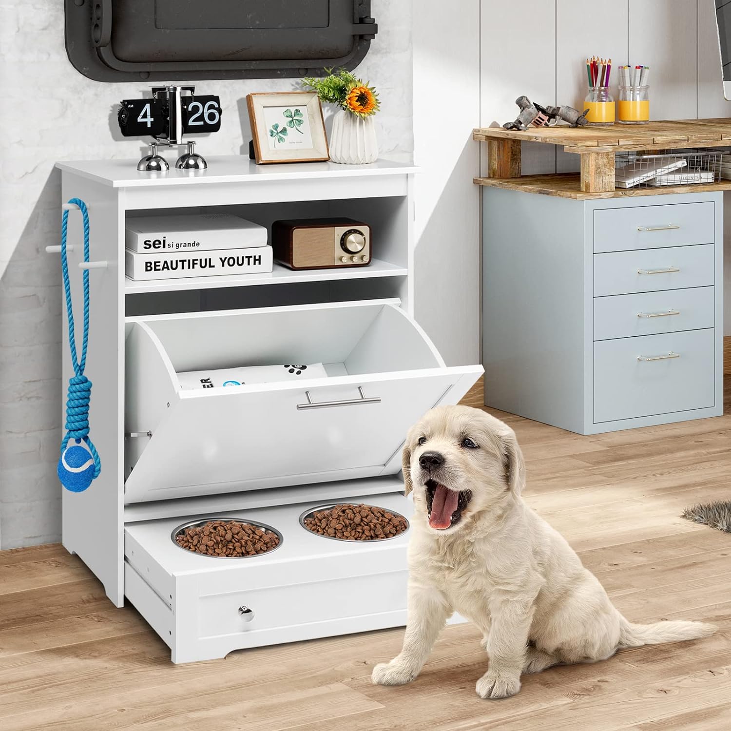 Tangkula Pet Feeding Station: Dog Food Storage Cabinet with Pull-Out Bowls, Organizer for Pet Toys, and Feeding Supplies