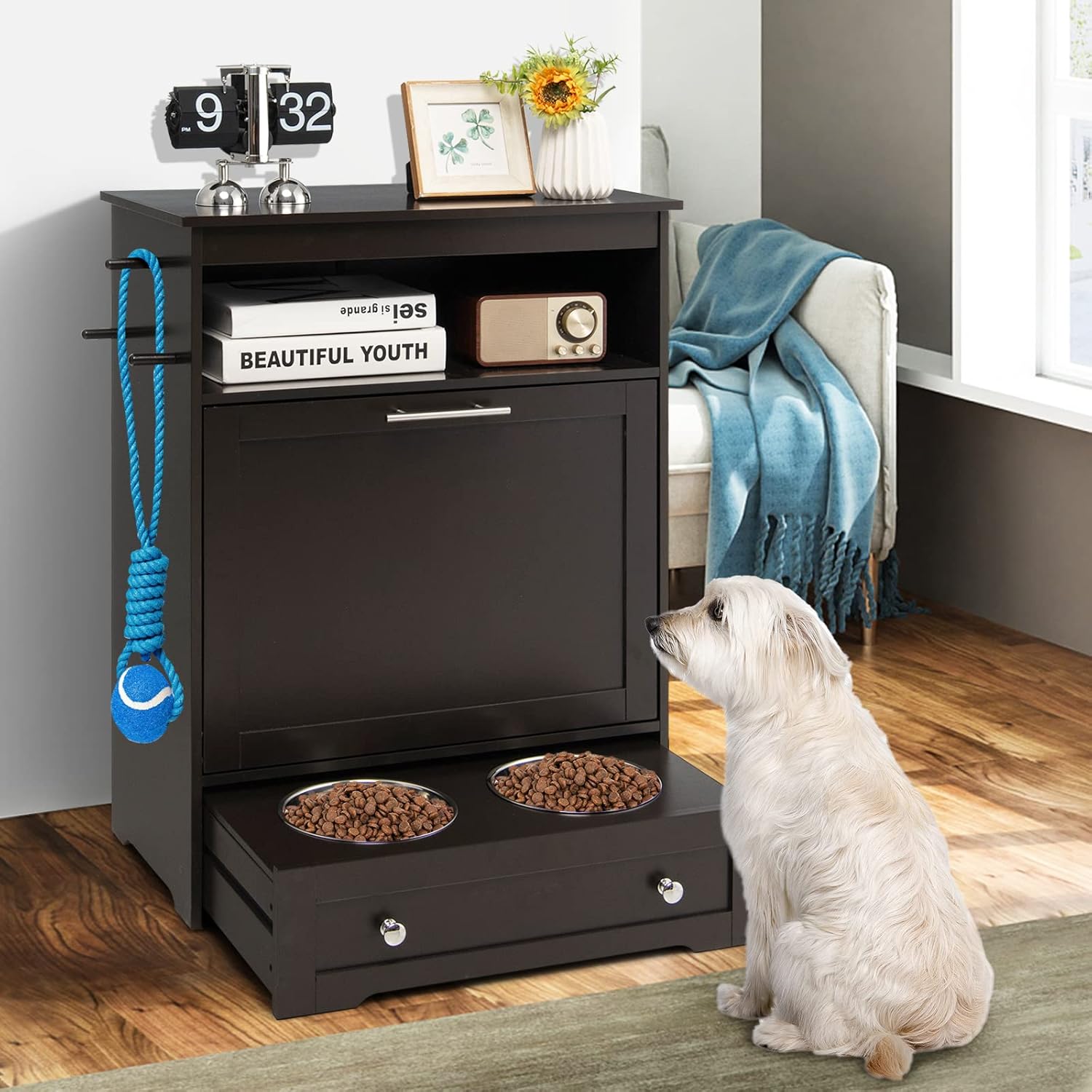 Tangkula Pet Feeding Station: Dog Food Storage Cabinet with Pull-Out Bowls, Organizer for Pet Toys, and Feeding Supplies