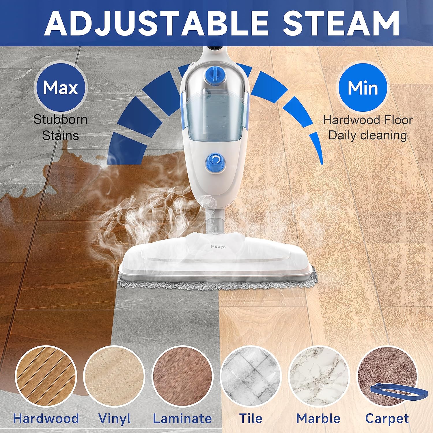 Neugo Steam Mop - Versatile Floor Cleaner for Hardwood, Vinyl, Laminate, Tile, and Carpet with Adjustable Steam Modes