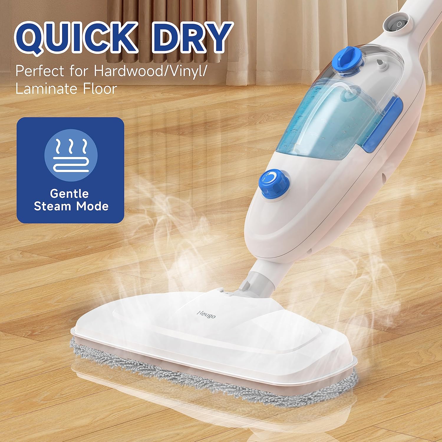 Neugo Steam Mop - Versatile Floor Cleaner for Hardwood, Vinyl, Laminate, Tile, and Carpet with Adjustable Steam Modes