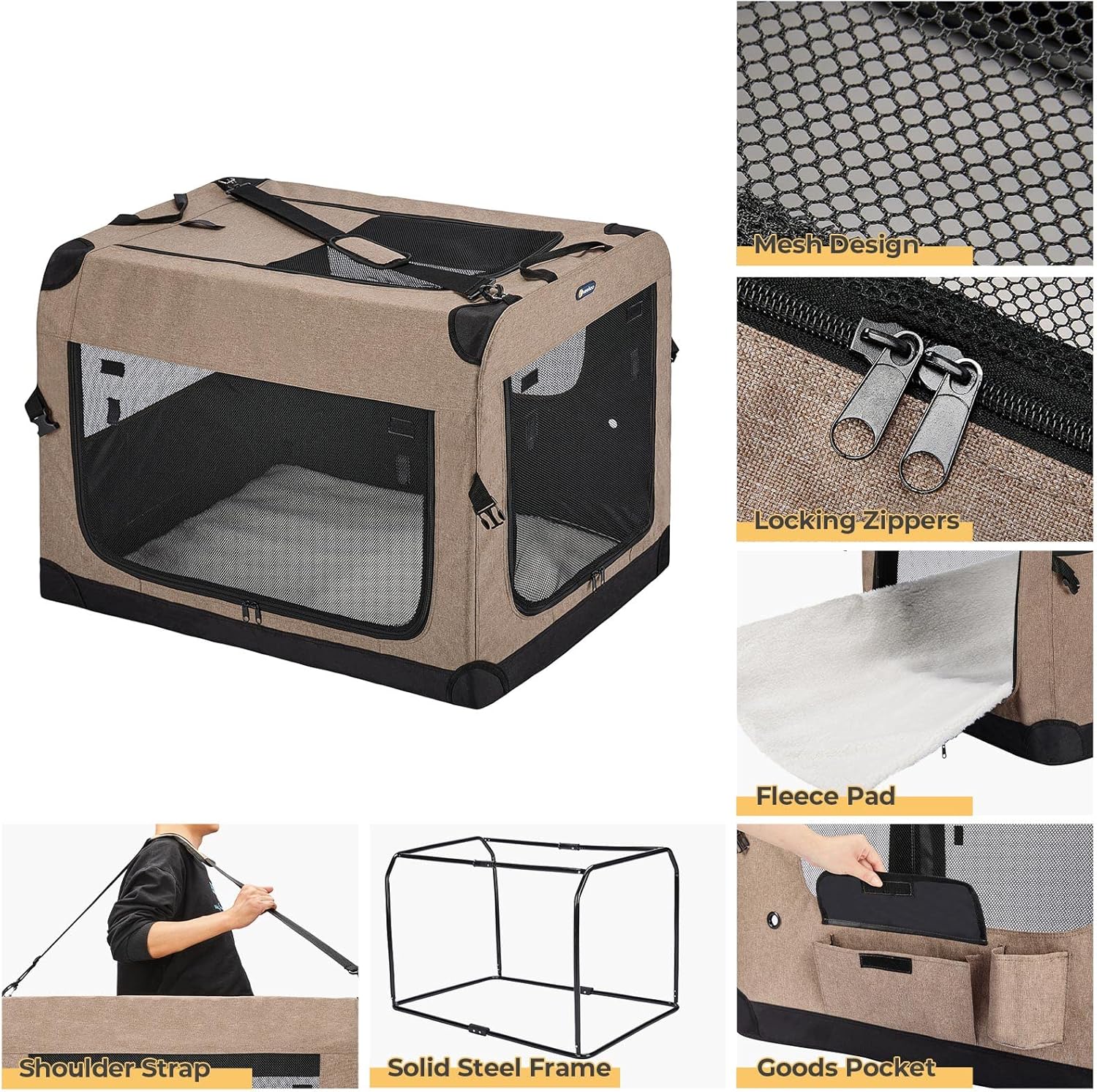 Veehoo Portable Folding Soft Dog Crate, 36" Collapsible Pet Kennel with 3 Doors for Crate Training