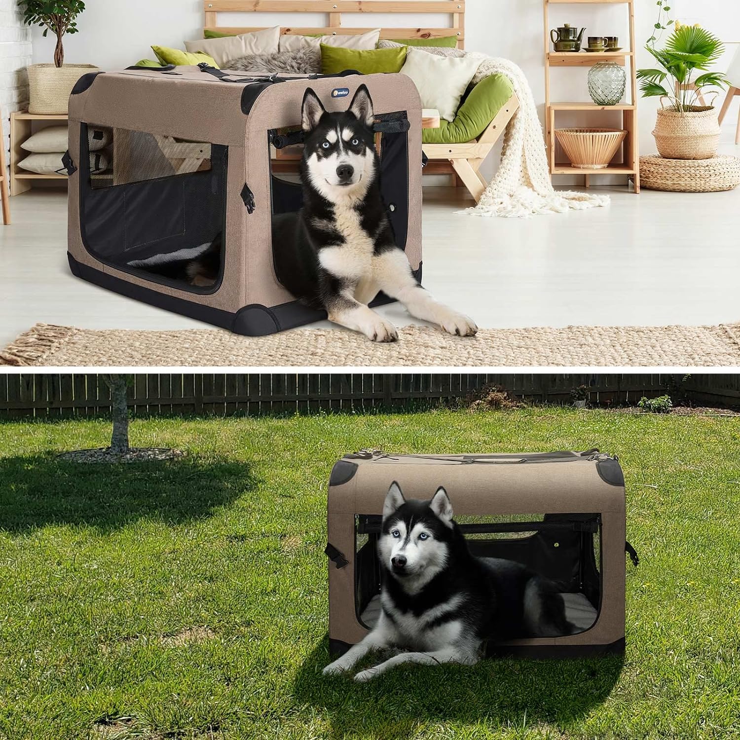 Veehoo Tragbare, zusammenklappbare, weiche Hundebox, 91,4 cm große, zusammenklappbare Haustierhütte mit 3 Türen für das Boxentraining