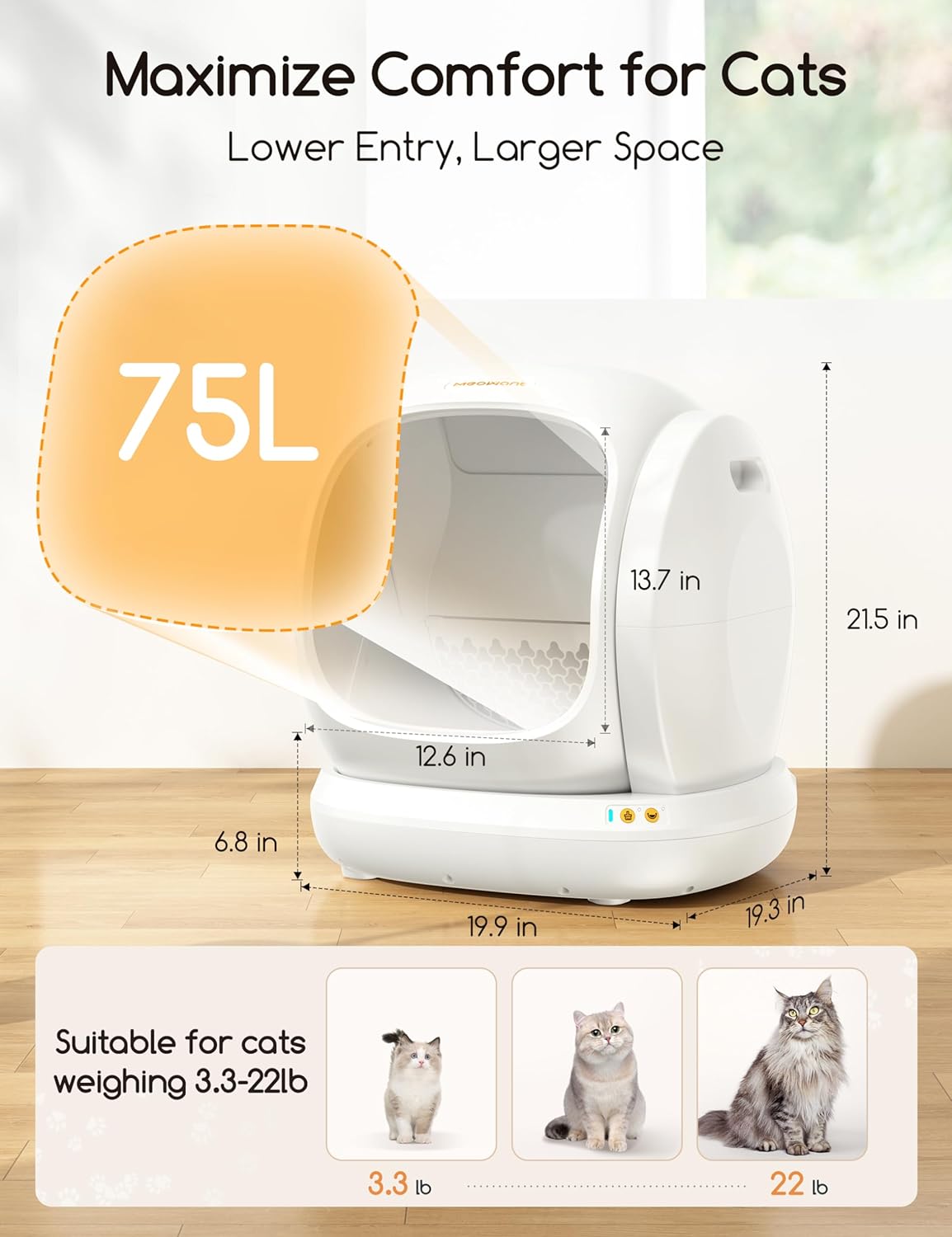 Meowant Self-Cleaning Cat Litter Box – 75L Extra Large Automatic Box with Safety Features, APP Control, and Odor Control