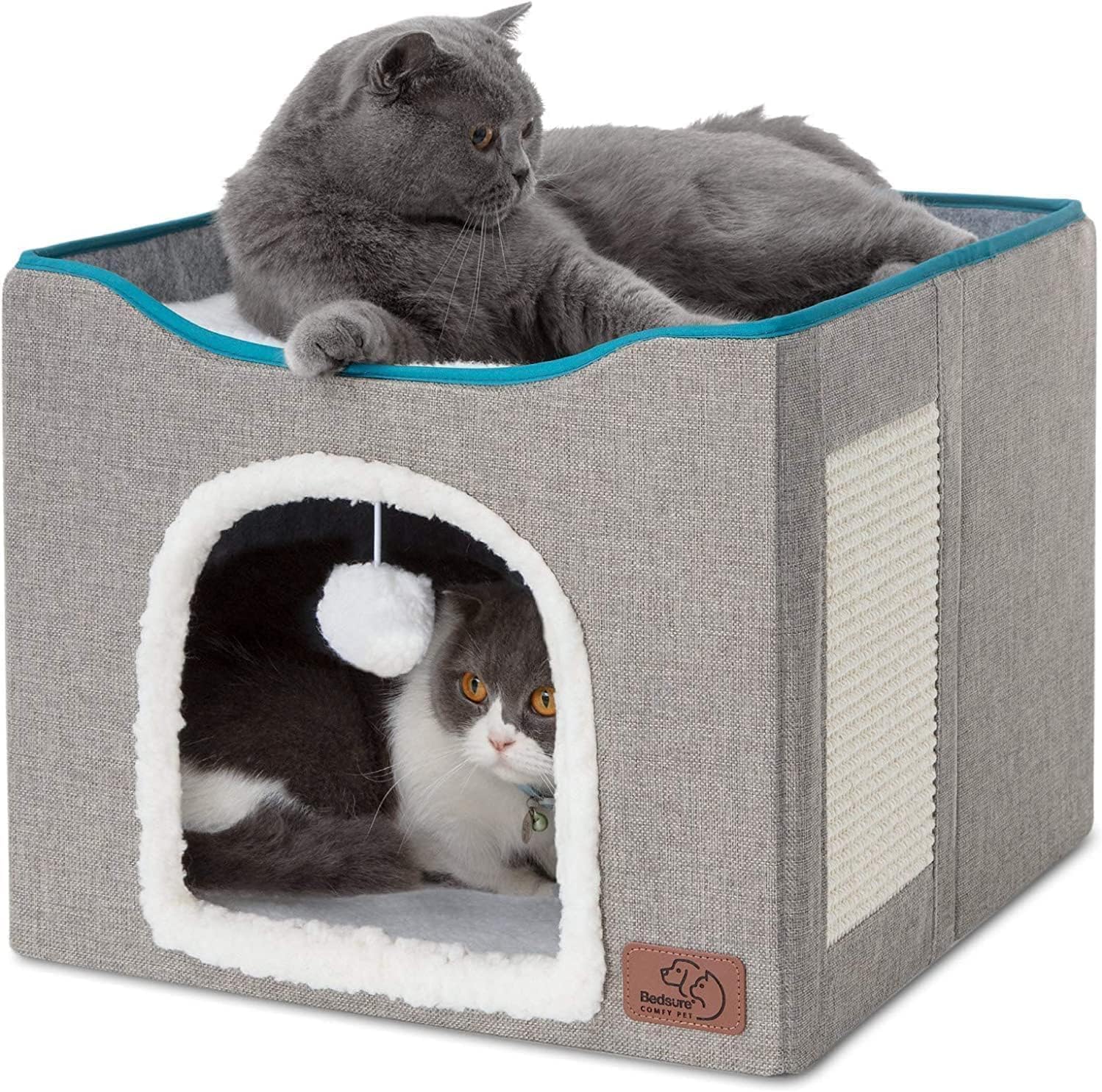 Bedsure Premium Cat Bed – Large Indoor Cat Cave with Fluffy Hanging Toy and Scratch Pad