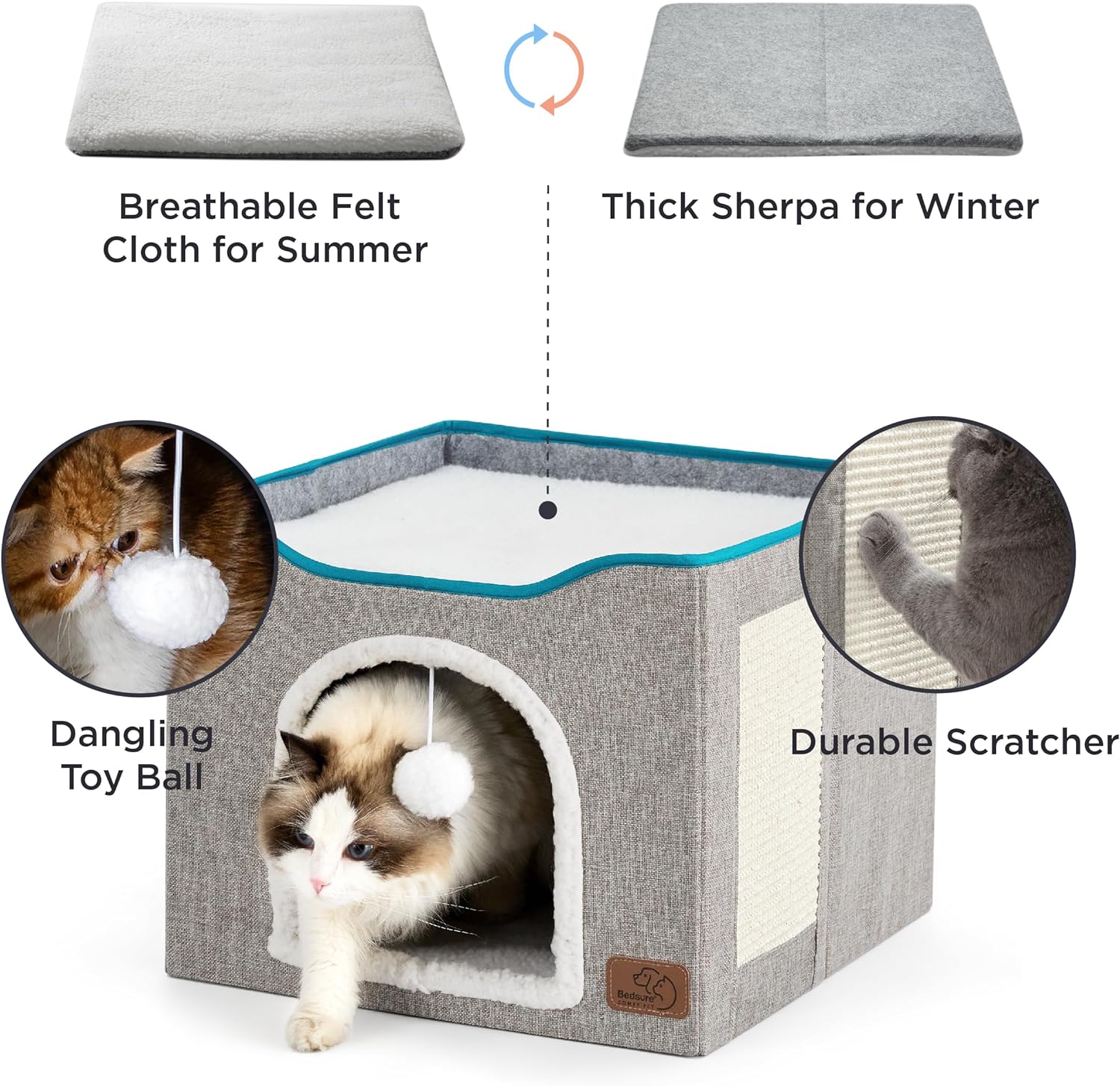 Bedsure Premium Cat Bed – Large Indoor Cat Cave with Fluffy Hanging Toy and Scratch Pad