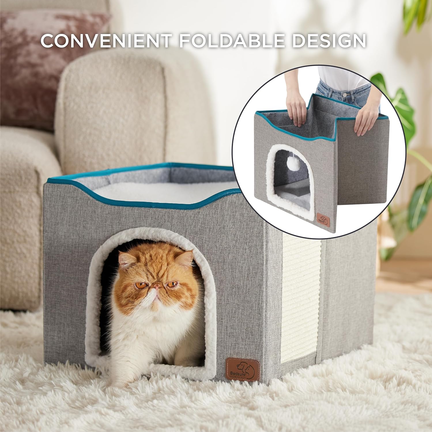 Bedsure Premium Cat Bed – Large Indoor Cat Cave with Fluffy Hanging Toy and Scratch Pad