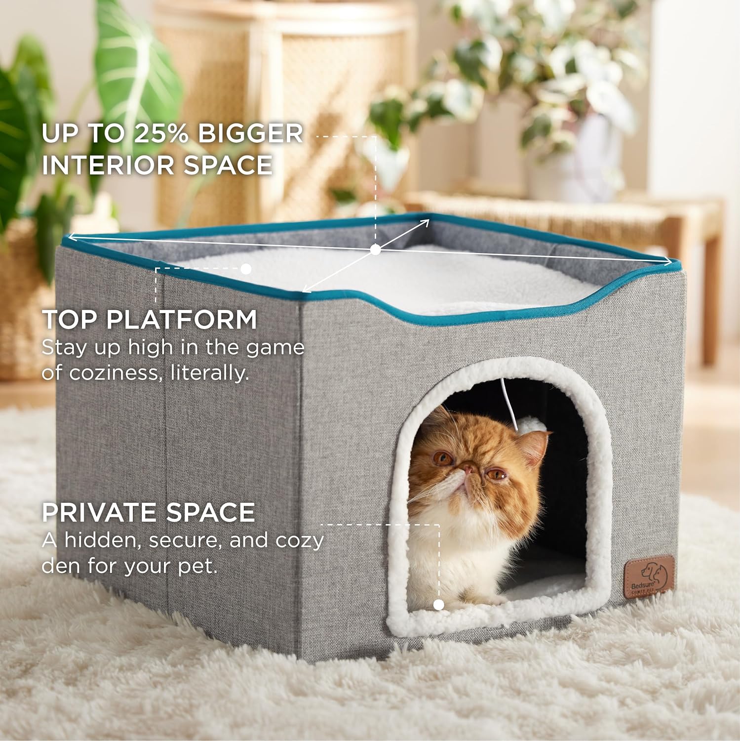 Bedsure Premium Cat Bed – Large Indoor Cat Cave with Fluffy Hanging Toy and Scratch Pad