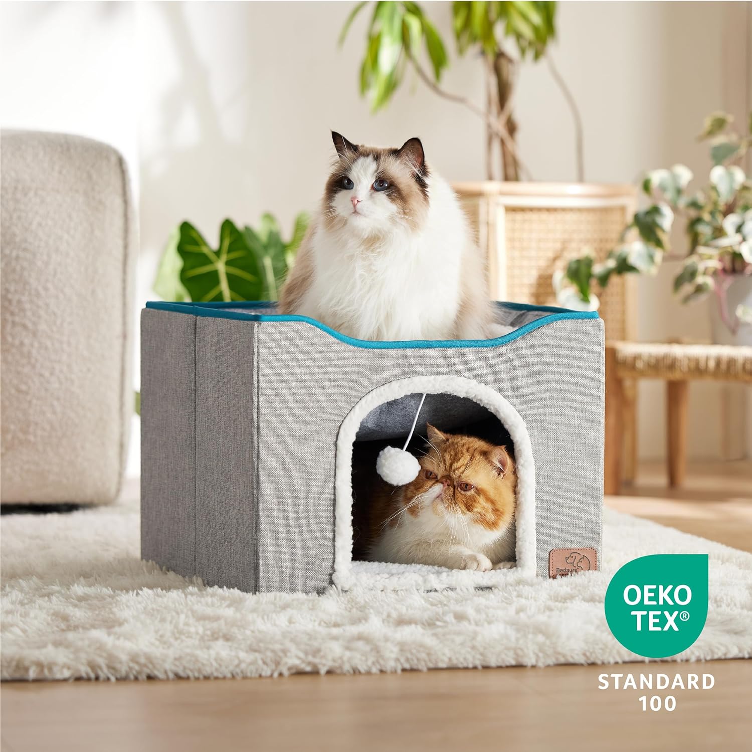 Bedsure Premium Cat Bed – Large Indoor Cat Cave with Fluffy Hanging Toy and Scratch Pad