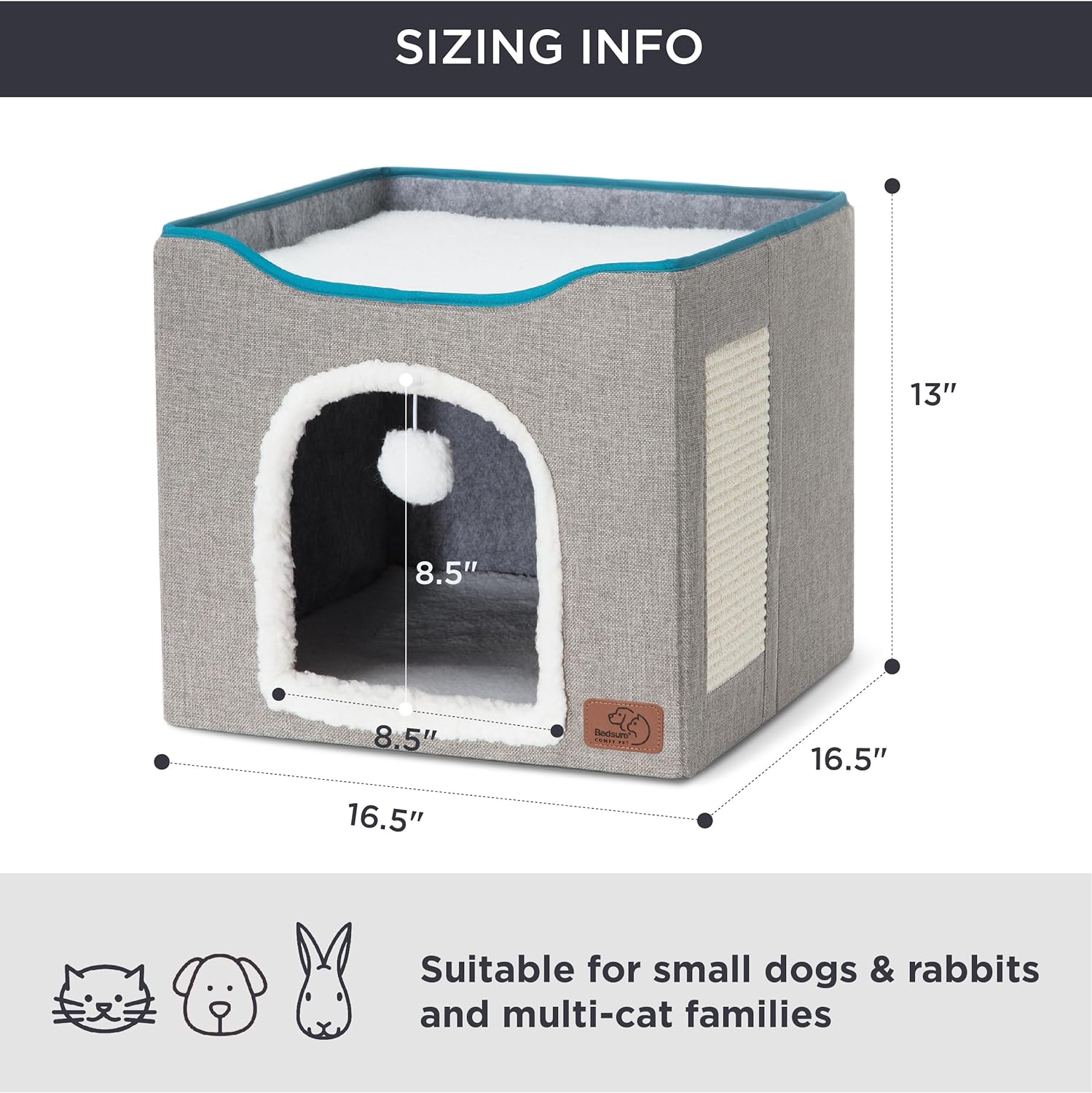 Bedsure Premium Cat Bed – Large Indoor Cat Cave with Fluffy Hanging Toy and Scratch Pad