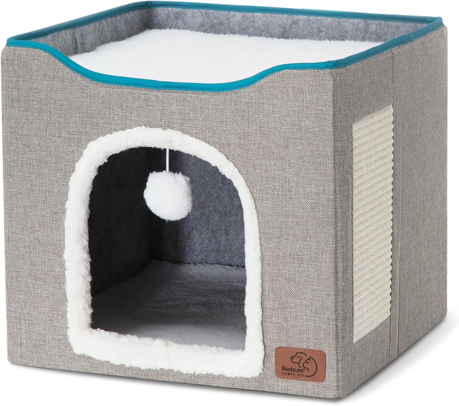 Bedsure Premium Cat Bed – Large Indoor Cat Cave with Fluffy Hanging Toy and Scratch Pad