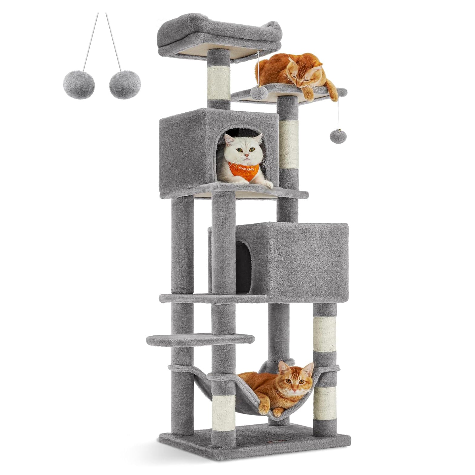 Feandrea 61-Inch Indoor Cat Tower: Multi-Level Cat Tree with Plush Perches, Spacious Caves, Hammock, and 5 Scratching Posts