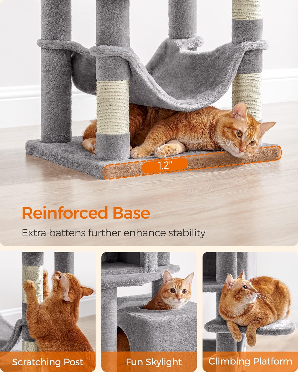 Feandrea 61-Inch Indoor Cat Tower: Multi-Level Cat Tree with Plush Perches, Spacious Caves, Hammock, and 5 Scratching Posts