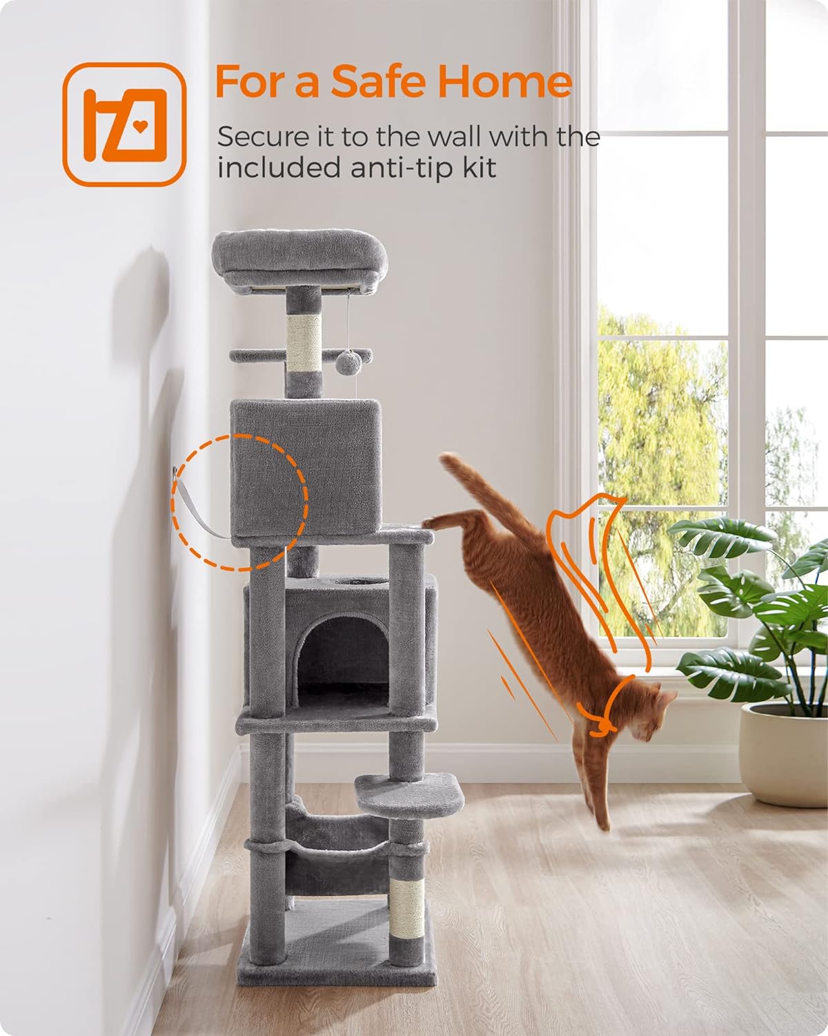 Feandrea 61-Inch Indoor Cat Tower: Multi-Level Cat Tree with Plush Perches, Spacious Caves, Hammock, and 5 Scratching Posts