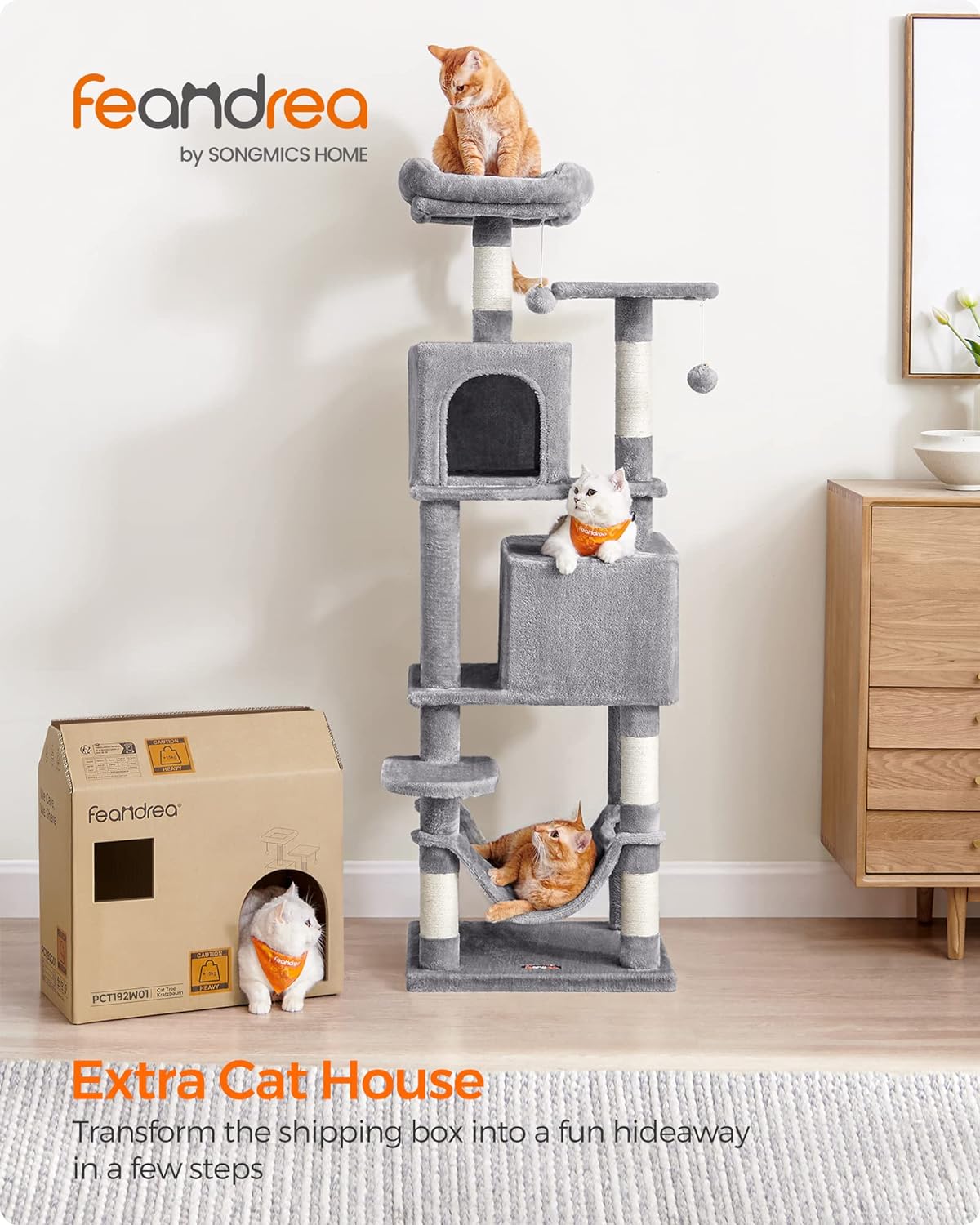 Feandrea 61-Inch Indoor Cat Tower: Multi-Level Cat Tree with Plush Perches, Spacious Caves, Hammock, and 5 Scratching Posts