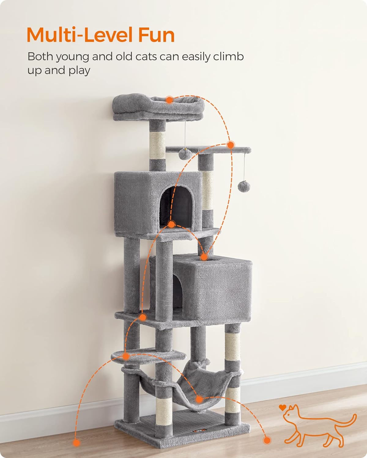 Feandrea 61-Inch Indoor Cat Tower: Multi-Level Cat Tree with Plush Perches, Spacious Caves, Hammock, and 5 Scratching Posts