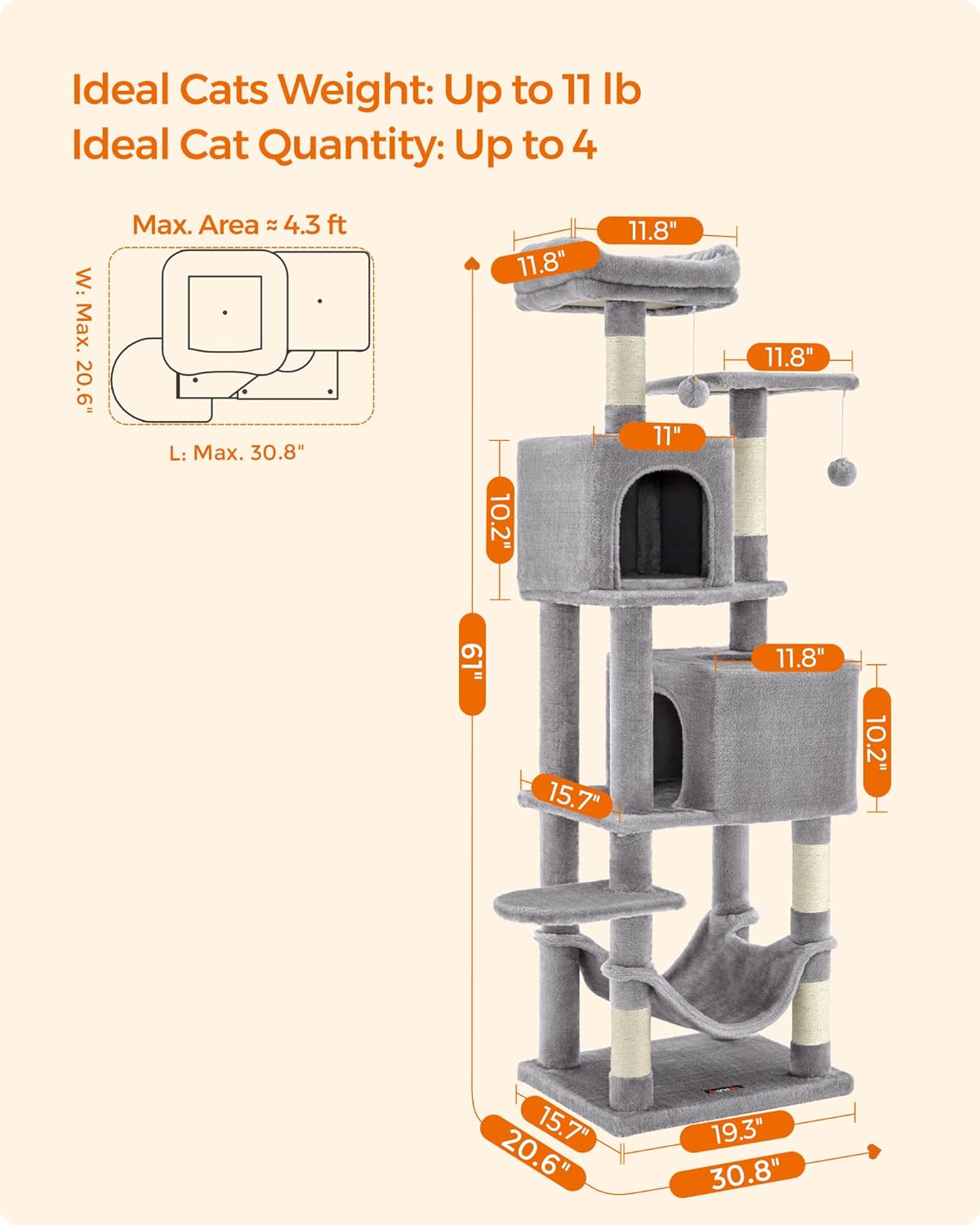 Feandrea 61-Inch Indoor Cat Tower: Multi-Level Cat Tree with Plush Perches, Spacious Caves, Hammock, and 5 Scratching Posts