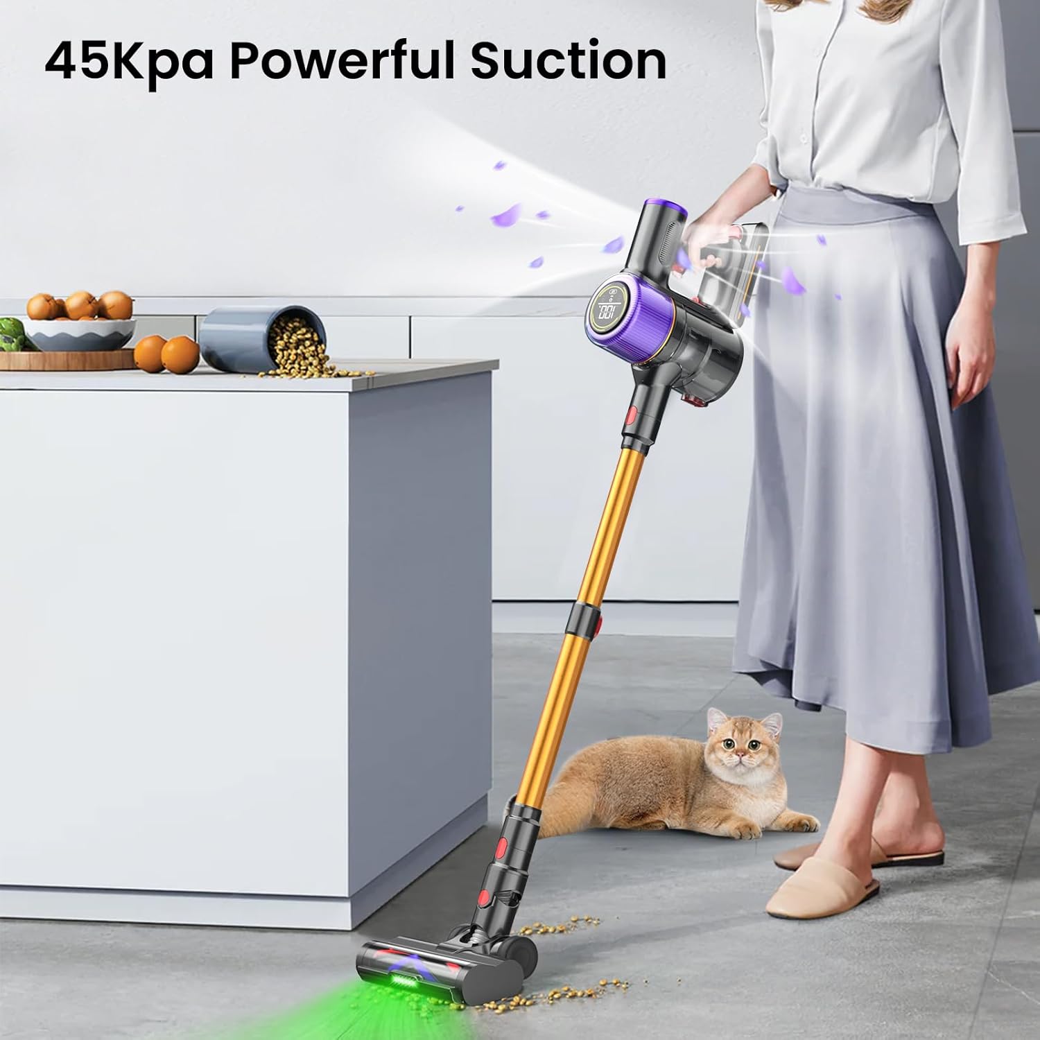 High-Power Cordless Vacuum Cleaner with Touch Display, 550W, 45Kpa Suction, 50-Minute Runtime