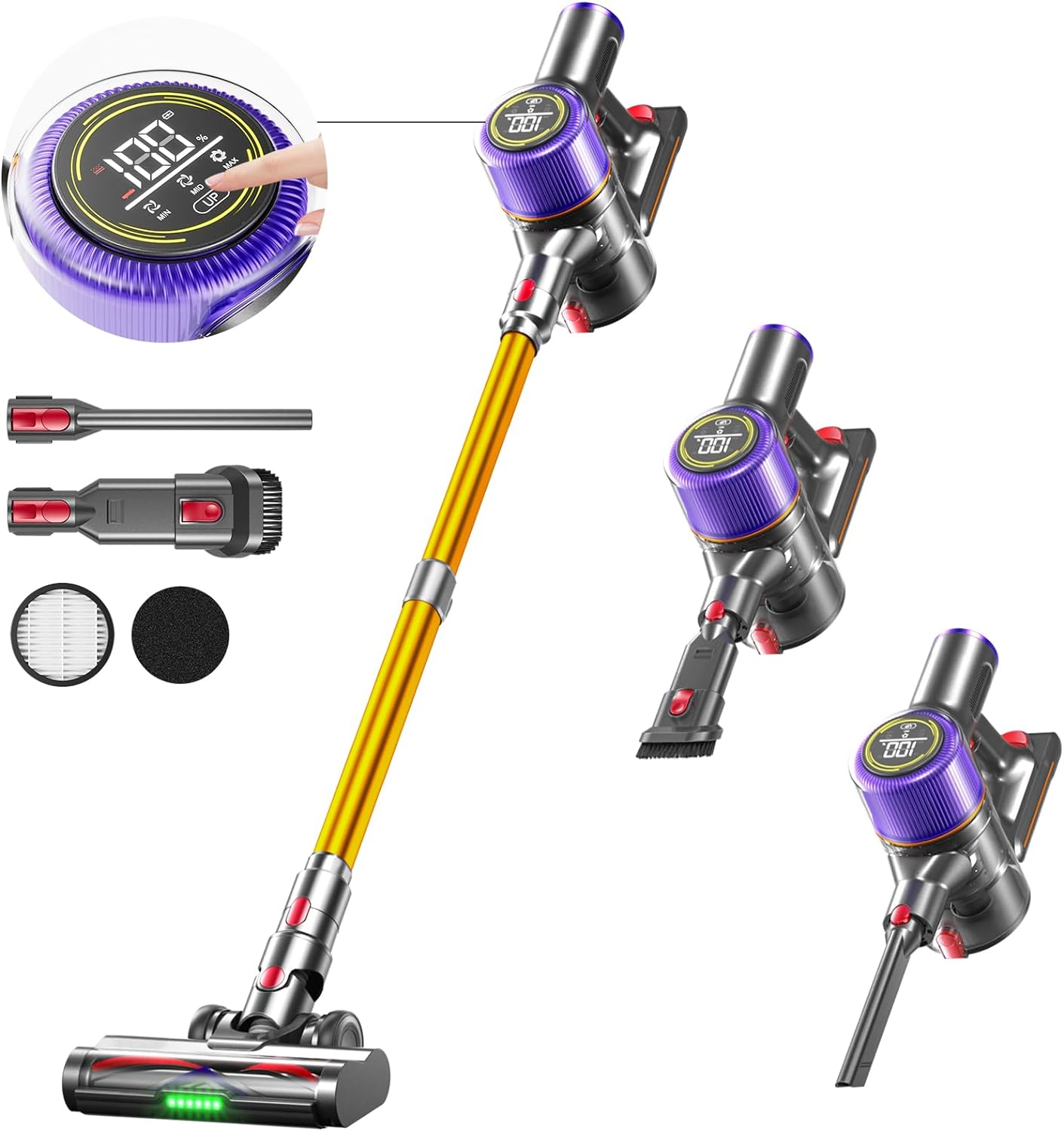 High-Power Cordless Vacuum Cleaner with Touch Display, 550W, 45Kpa Suction, 50-Minute Runtime