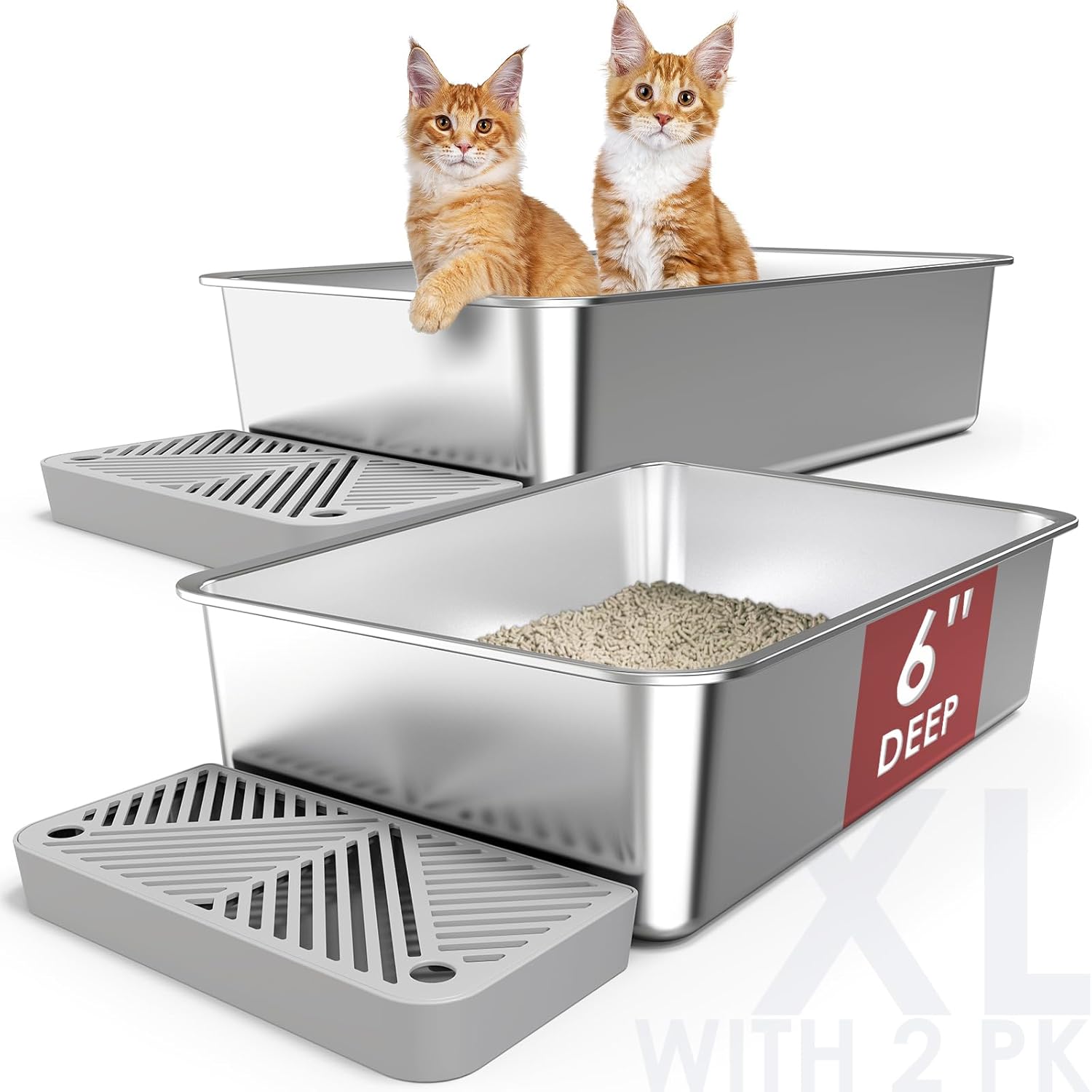 2-Pack XL Stainless Steel Cat Litter Boxes with High Sides for Large or Multiple Cats - Non-Stick, Easy to Clean, 23.6" x 16" x 6"