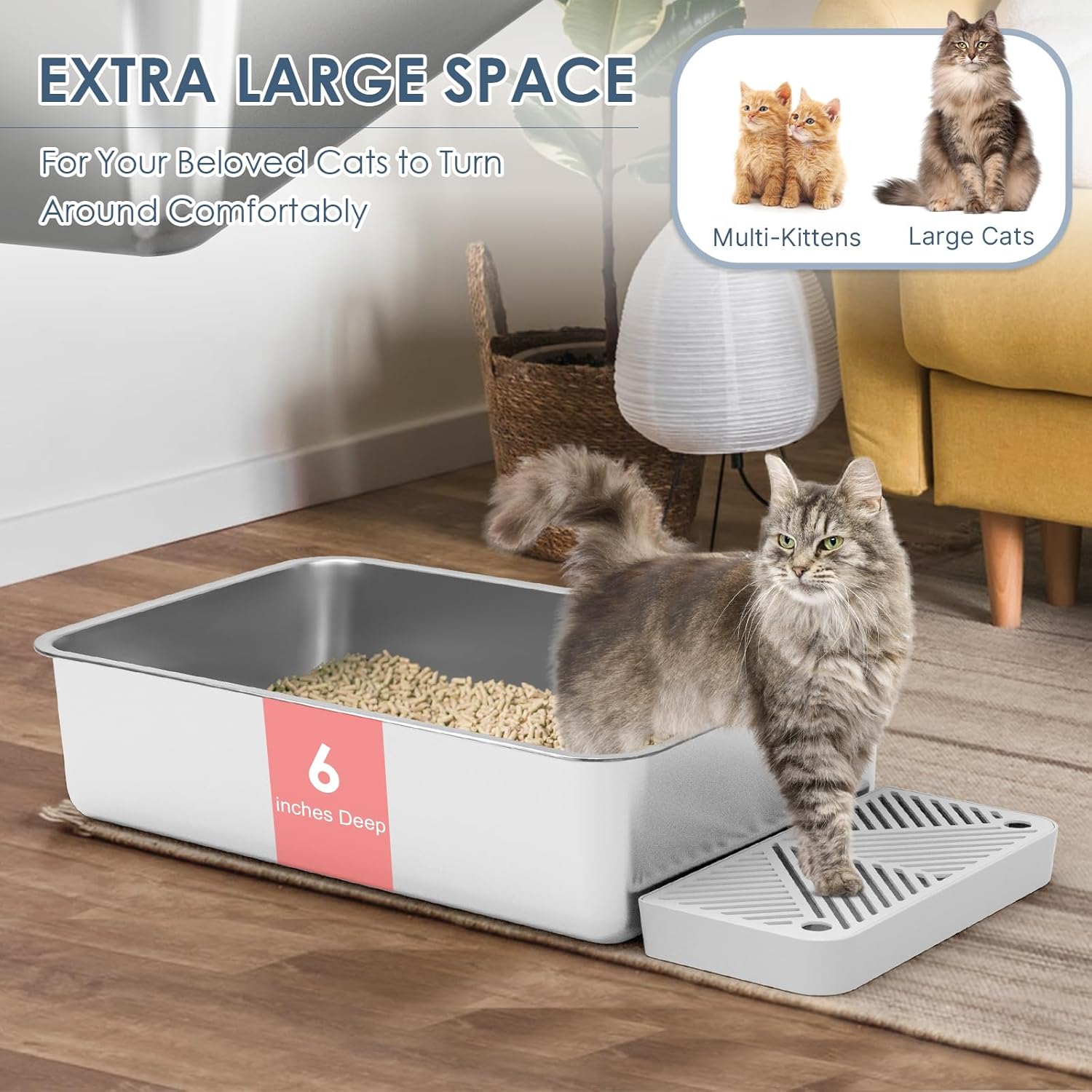 2-Pack XL Stainless Steel Cat Litter Boxes with High Sides for Large or Multiple Cats - Non-Stick, Easy to Clean, 23.6" x 16" x 6"