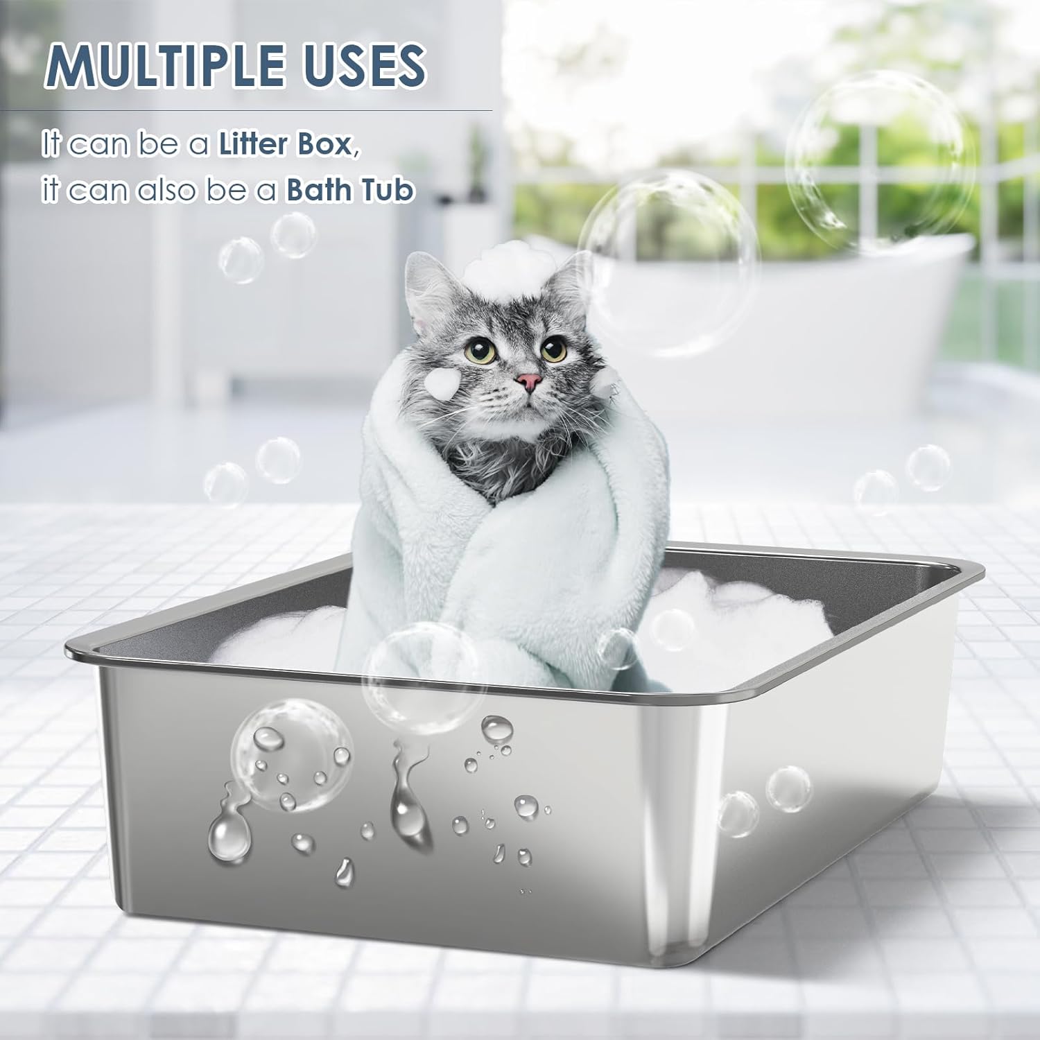 2-Pack XL Stainless Steel Cat Litter Boxes with High Sides for Large or Multiple Cats - Non-Stick, Easy to Clean, 23.6" x 16" x 6"