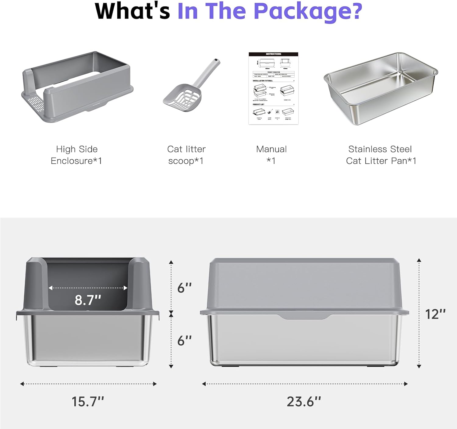 Suitfeel Extra Large Enclosed Stainless Steel Cat Litter Box with Lid - Odorless, Easy-Clean Metal Litter Box