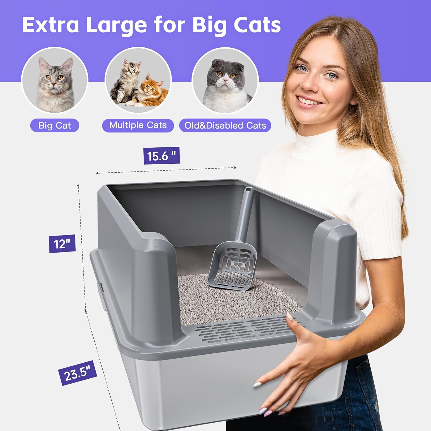 Suitfeel Extra Large Enclosed Stainless Steel Cat Litter Box with Lid - Odorless, Easy-Clean Metal Litter Box