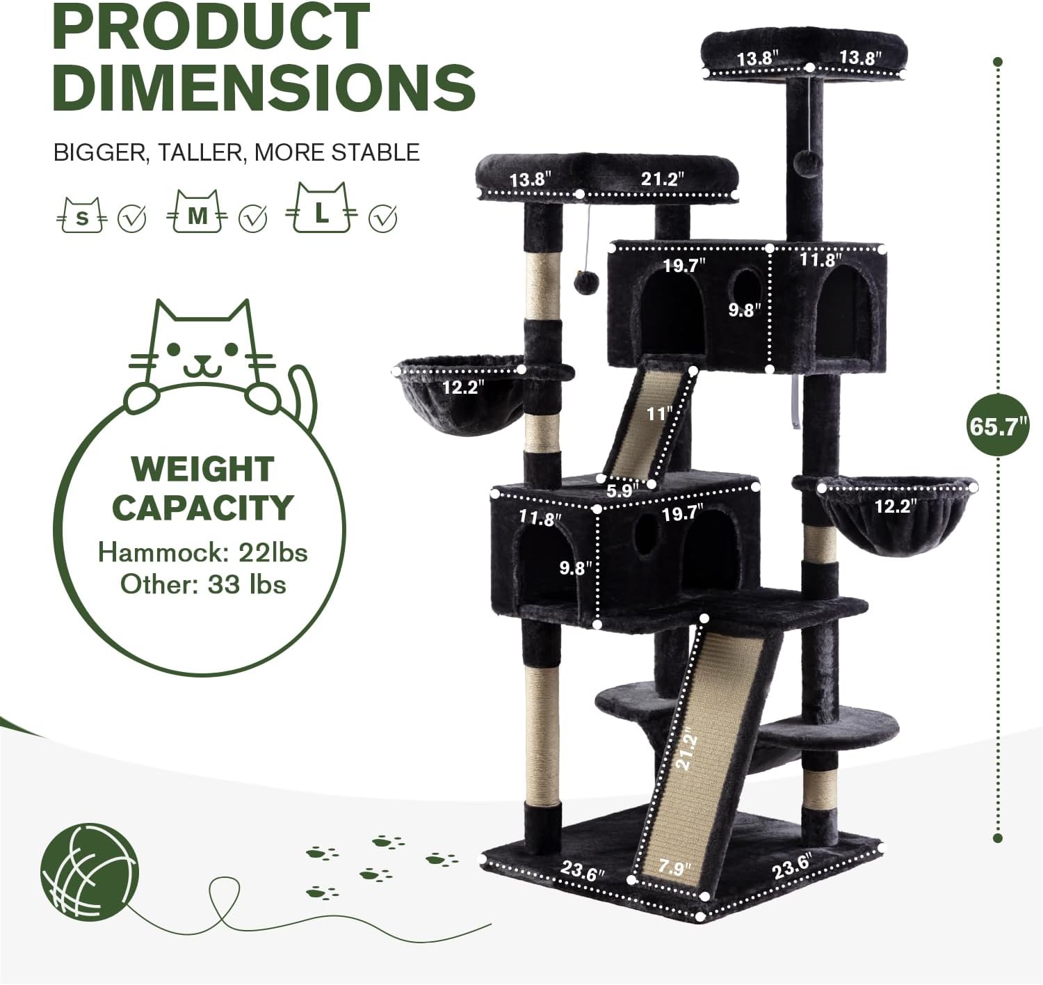 MUTICOR 5.5 Feet Large Multi-Level Cat Tree Tower for Big Indoor Cats with Plush Perches, Sisal Scratching Posts, Hammock