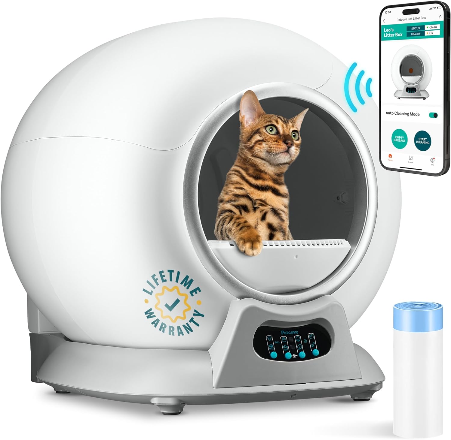 PetCove Smart Katzentoilette – Selbstreinigend, ohne Schaufel mit Geruchskontrolle, App-fähig, Ideal für mehrere Katzen, Grau