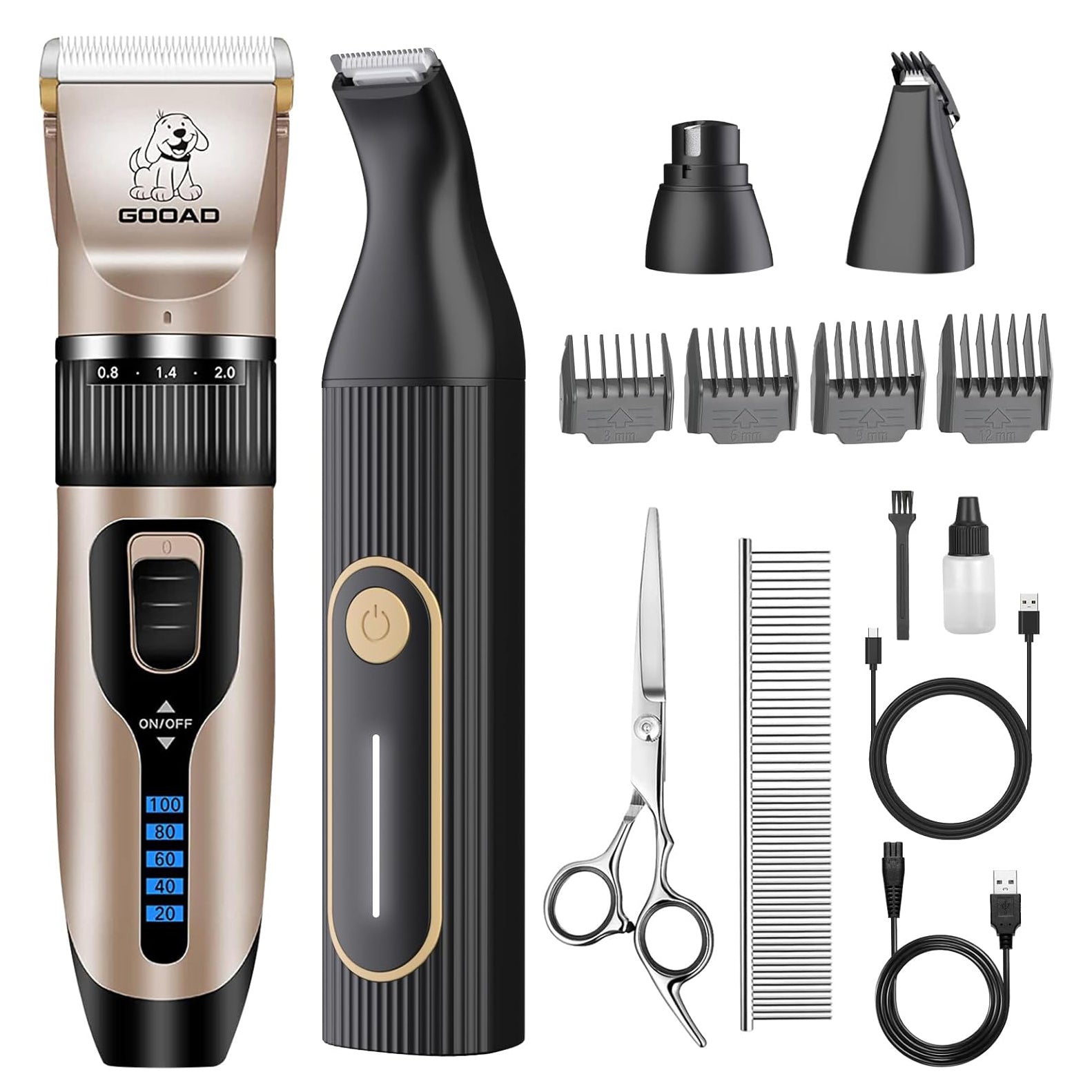 4-in-1 Cordless Pet Grooming Kit: Quiet Rechargeable Clippers with Nail Grinder, Trimmer, and Shaver for Dogs and Cats - Gold & Black