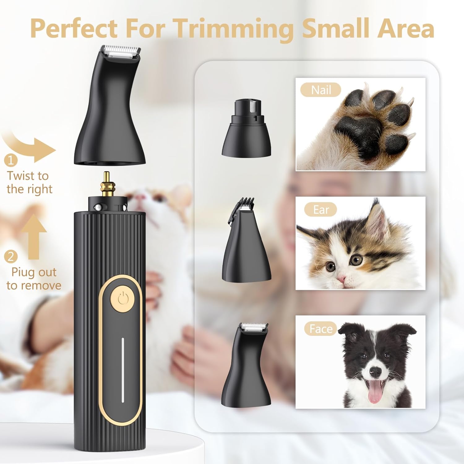 4-in-1 Cordless Pet Grooming Kit: Quiet Rechargeable Clippers with Nail Grinder, Trimmer, and Shaver for Dogs and Cats - Gold & Black