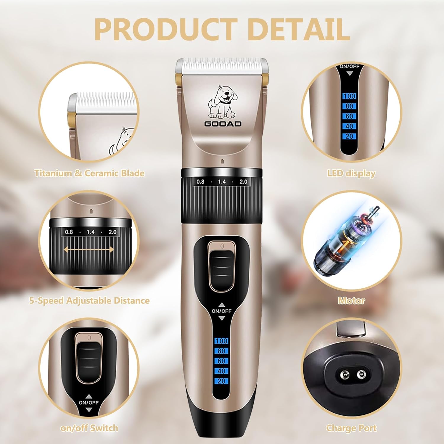 4-in-1 Cordless Pet Grooming Kit: Quiet Rechargeable Clippers with Nail Grinder, Trimmer, and Shaver for Dogs and Cats - Gold & Black