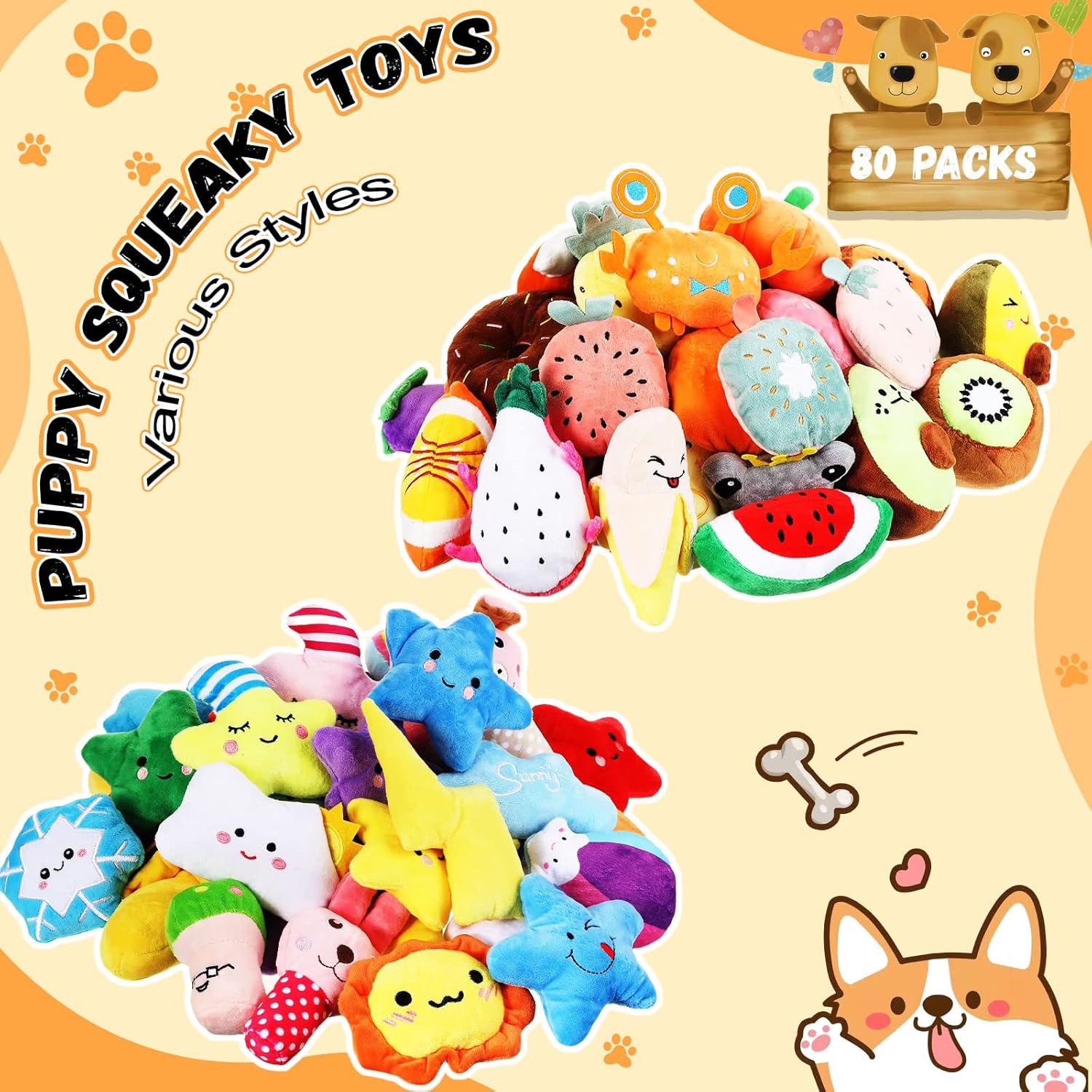 Hungdao 80-Piece Squeaky Plush Toy Set for Puppies and Small Dogs - Chew and Teething Toys with Novelty Designs