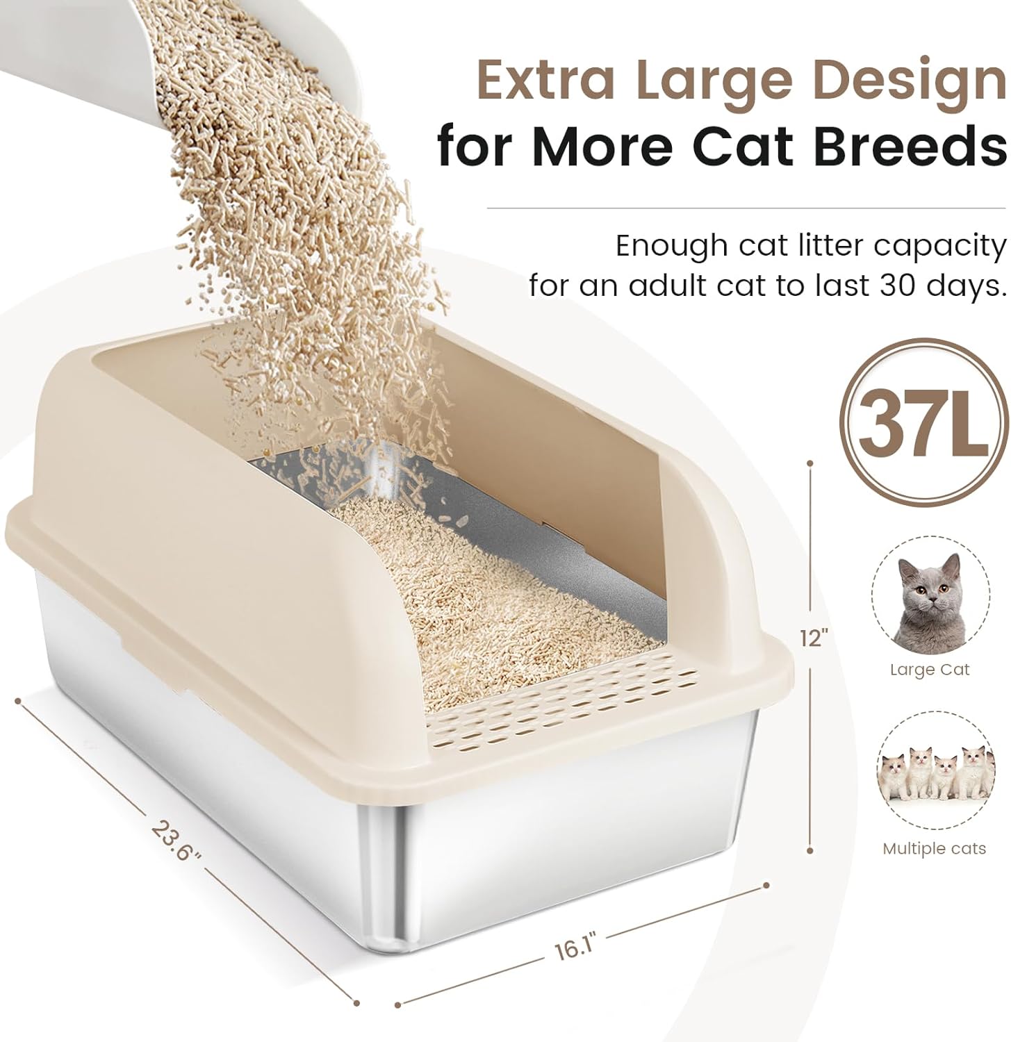 Chenove Extra Large Stainless Steel Cat Litter Box with High Walls - Enclosed XL Cat Litter Box for Large and Multiple Cats - Easy to Clean, Leak-Proof, Non-Stick Design