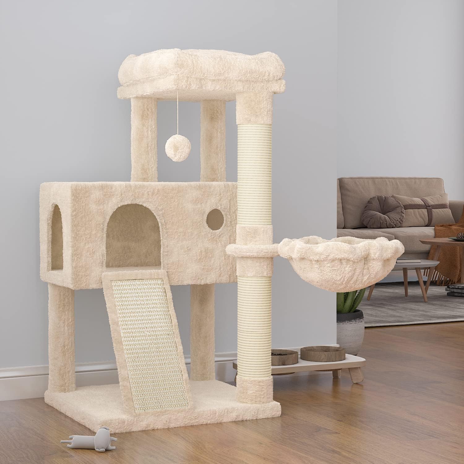 SHA CERLIN 36-Inch Cat Tree Tower with Hammock and Sisal Scratching Posts for Indoor Cats - Beige