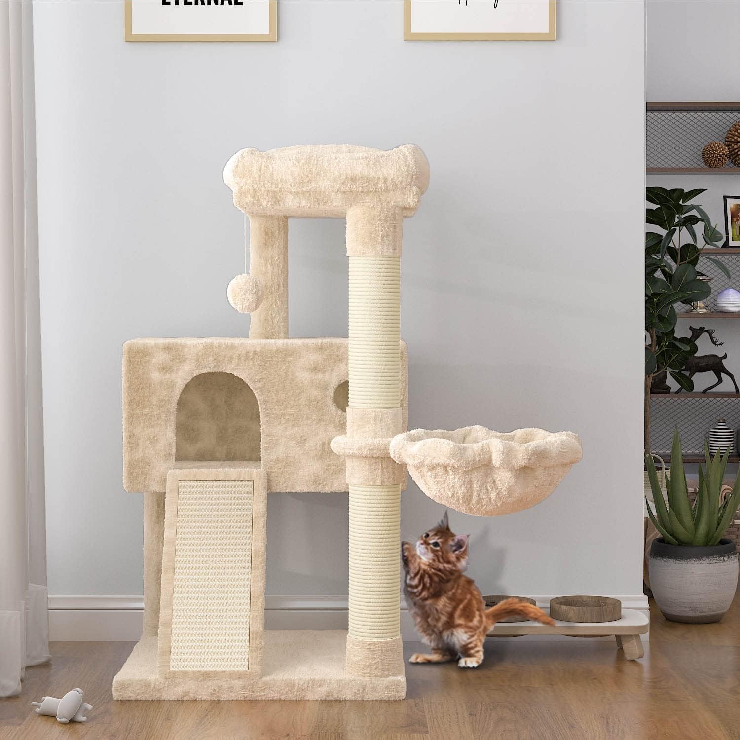 SHA CERLIN 36-Inch Cat Tree Tower with Hammock and Sisal Scratching Posts for Indoor Cats - Beige