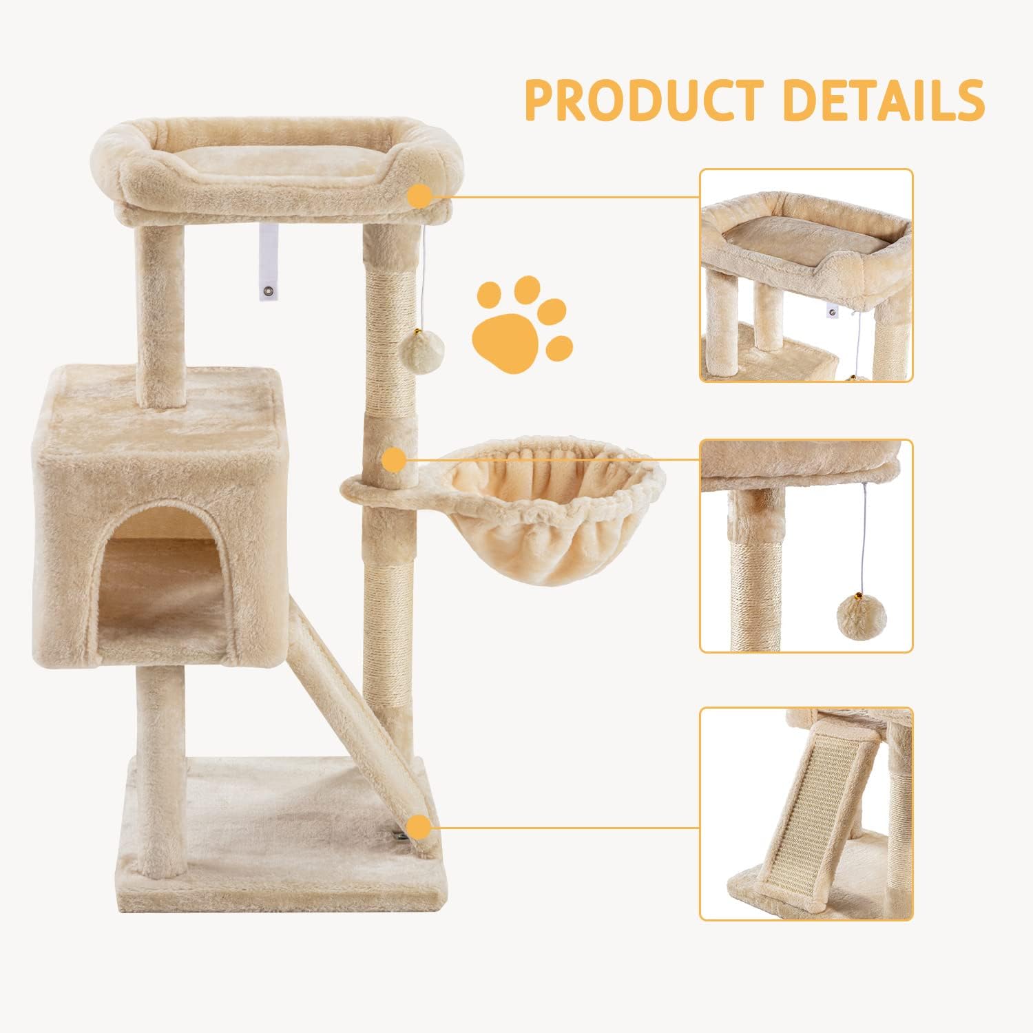 SHA CERLIN 36-Inch Cat Tree Tower with Hammock and Sisal Scratching Posts for Indoor Cats - Beige