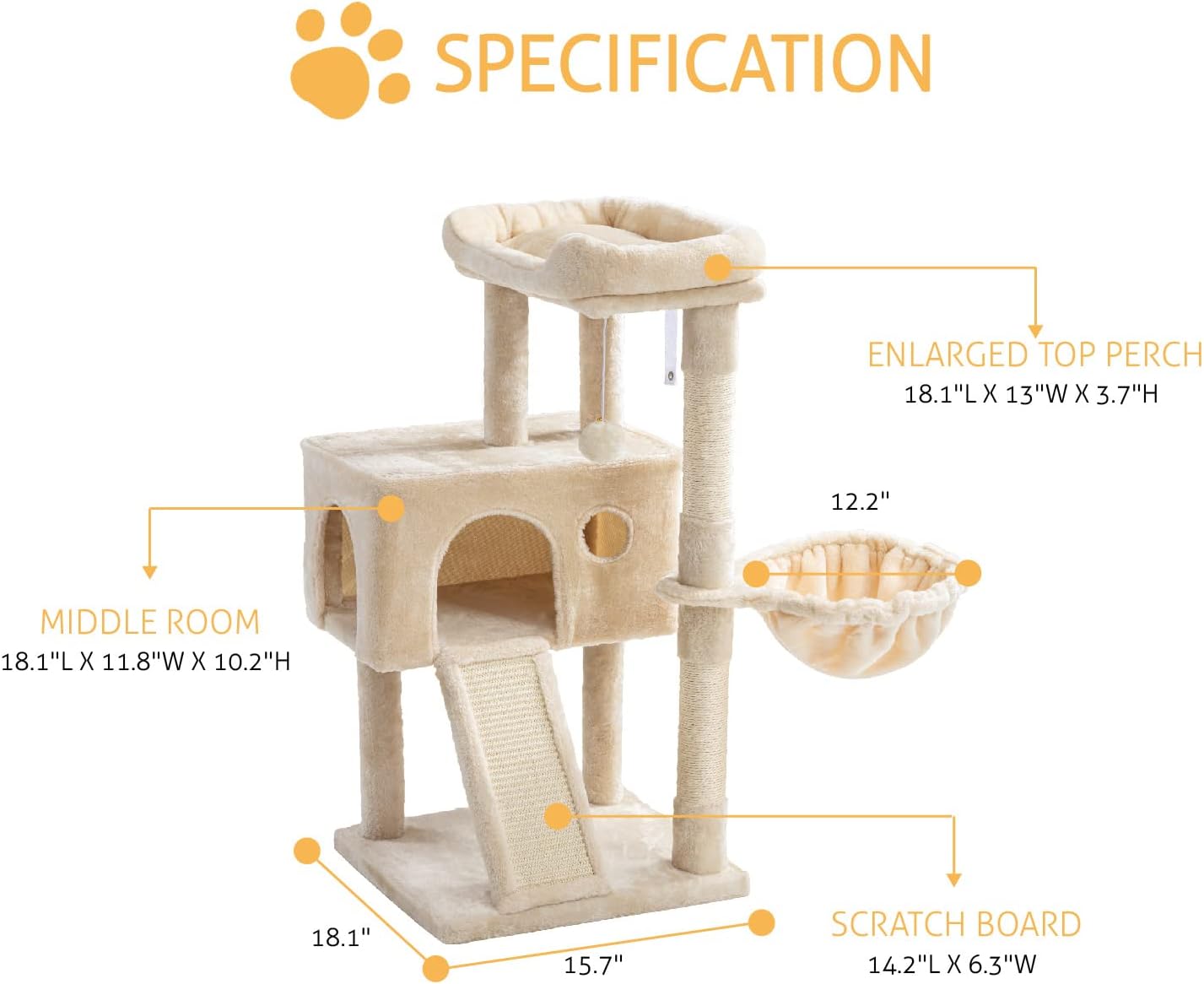 SHA CERLIN 36-Inch Cat Tree Tower with Hammock and Sisal Scratching Posts for Indoor Cats - Beige