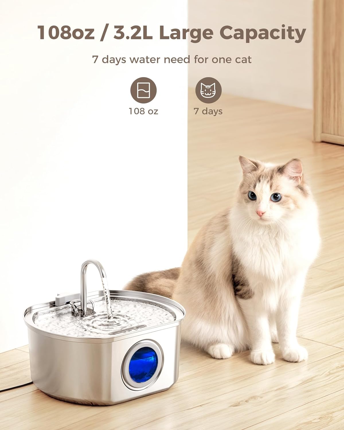 Premium Stainless Steel Cat Water Fountain: 108 oz Automatic Pet Water Dispenser with Quadruple Filtration